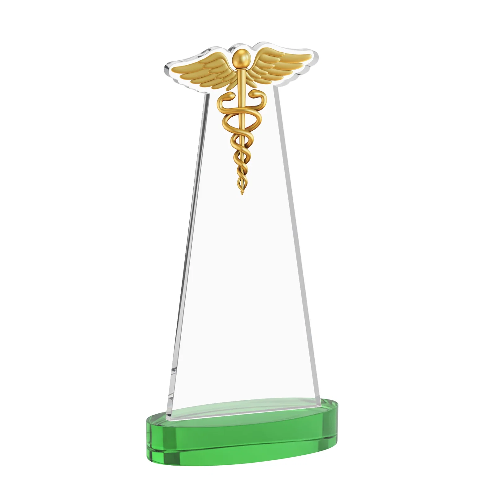 Custom Starfire Crystal Caduceus Award with Sleek Tapered Design, with your logo for employee recognition