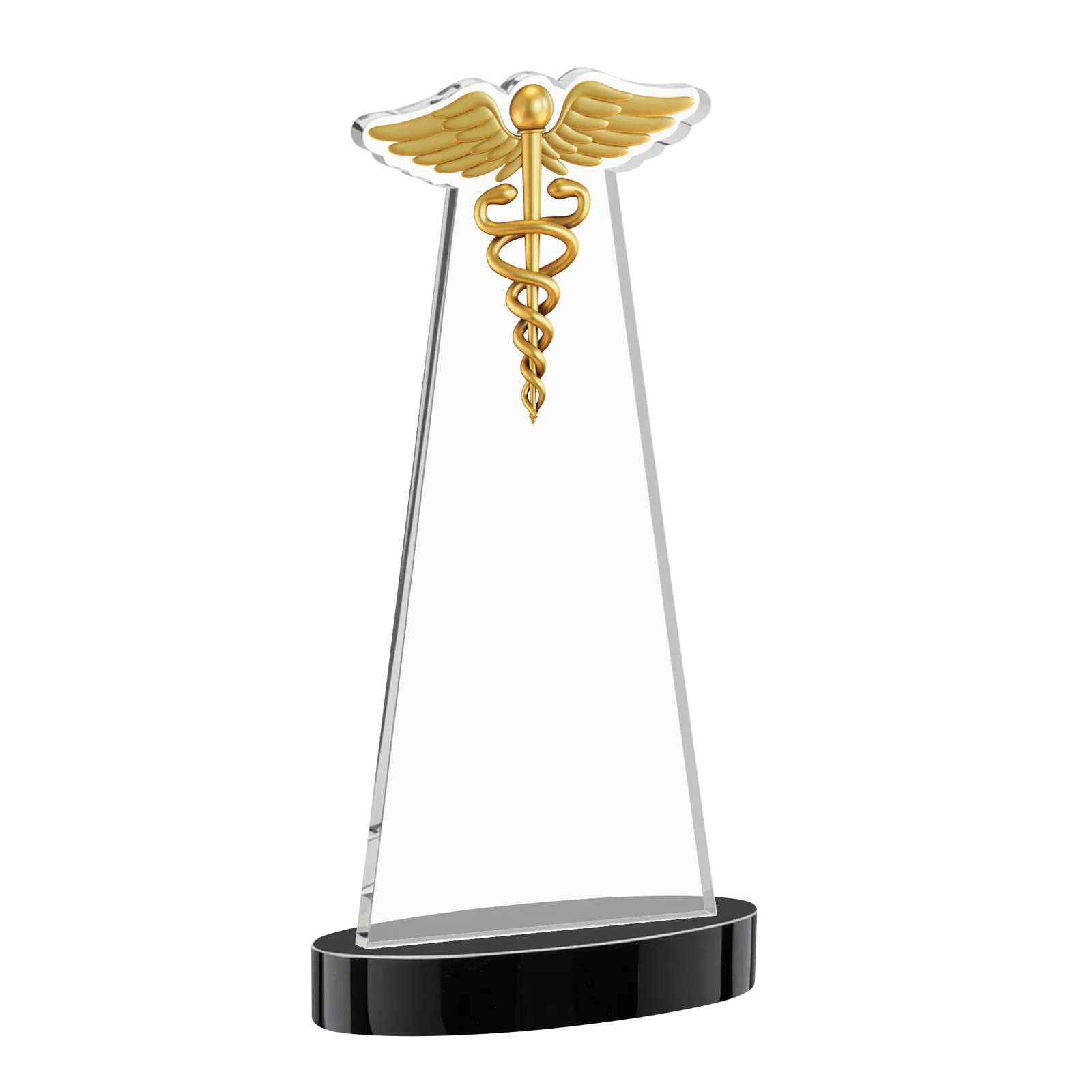 Custom Starfire Crystal Caduceus Award with Sleek Tapered Design, with your logo for retirement presentations