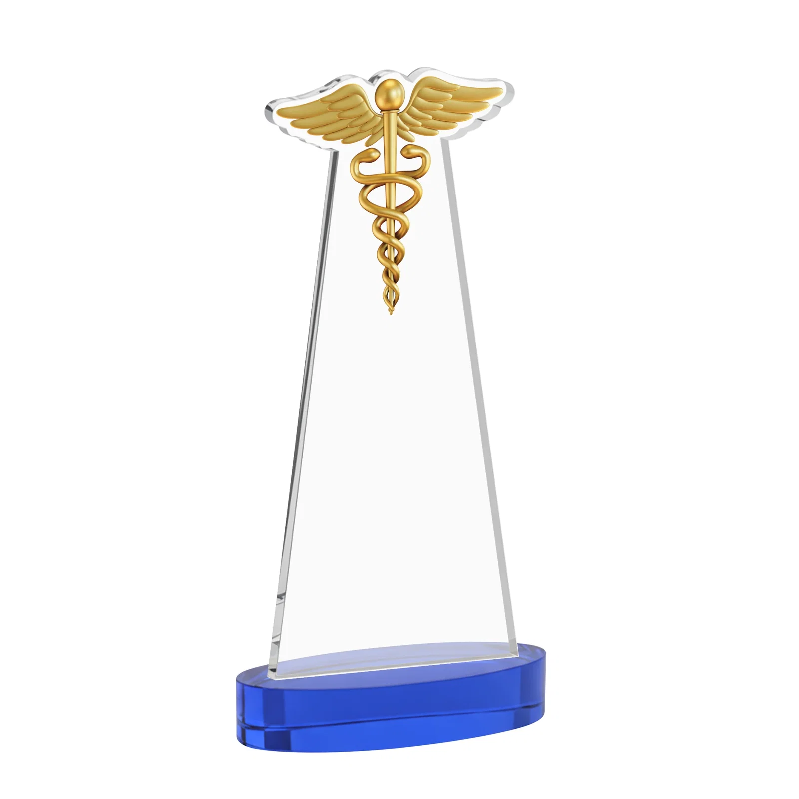 Custom Starfire Crystal Caduceus Award with Sleek Tapered Design, with your logo for donor appreciation