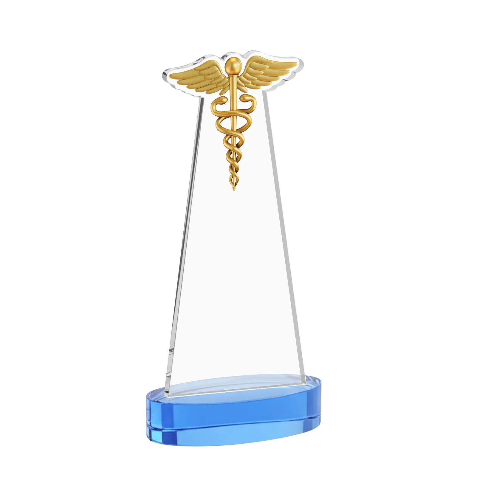 Custom Starfire Crystal Caduceus Award with Sleek Tapered Design, with your logo for company anniversary events