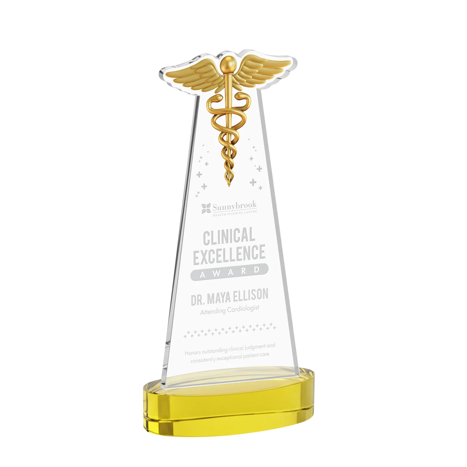 Custom Starfire Crystal Caduceus Award with Sleek Tapered Design for dealer and partner awards