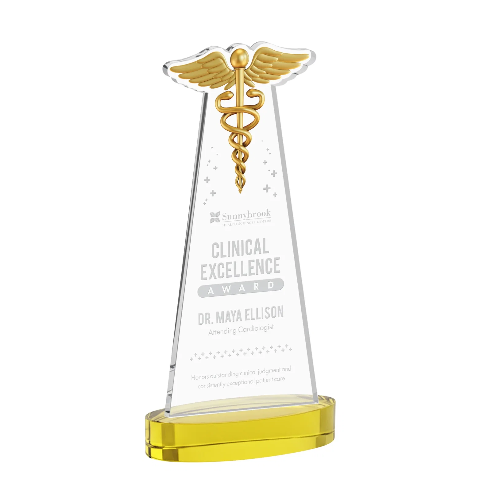 Custom Starfire Crystal Caduceus Award with Sleek Tapered Design for company anniversary events