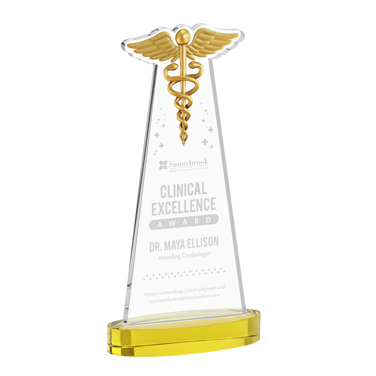 Personalized Starfire Crystal Caduceus Award with Sleek Tapered Design for employee recognition