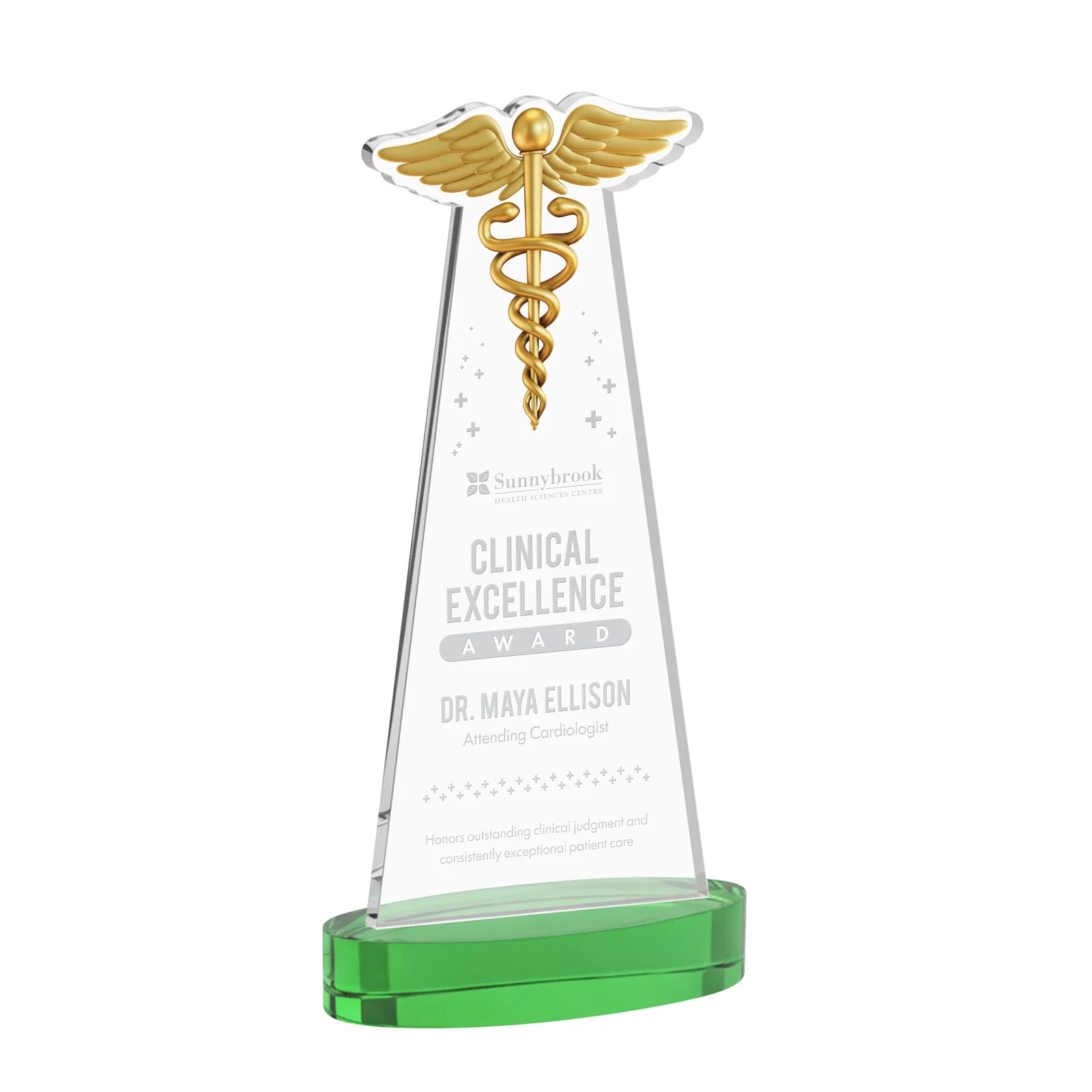 Personalized Starfire Crystal Caduceus Award with Sleek Tapered Design for sales achievement awards
