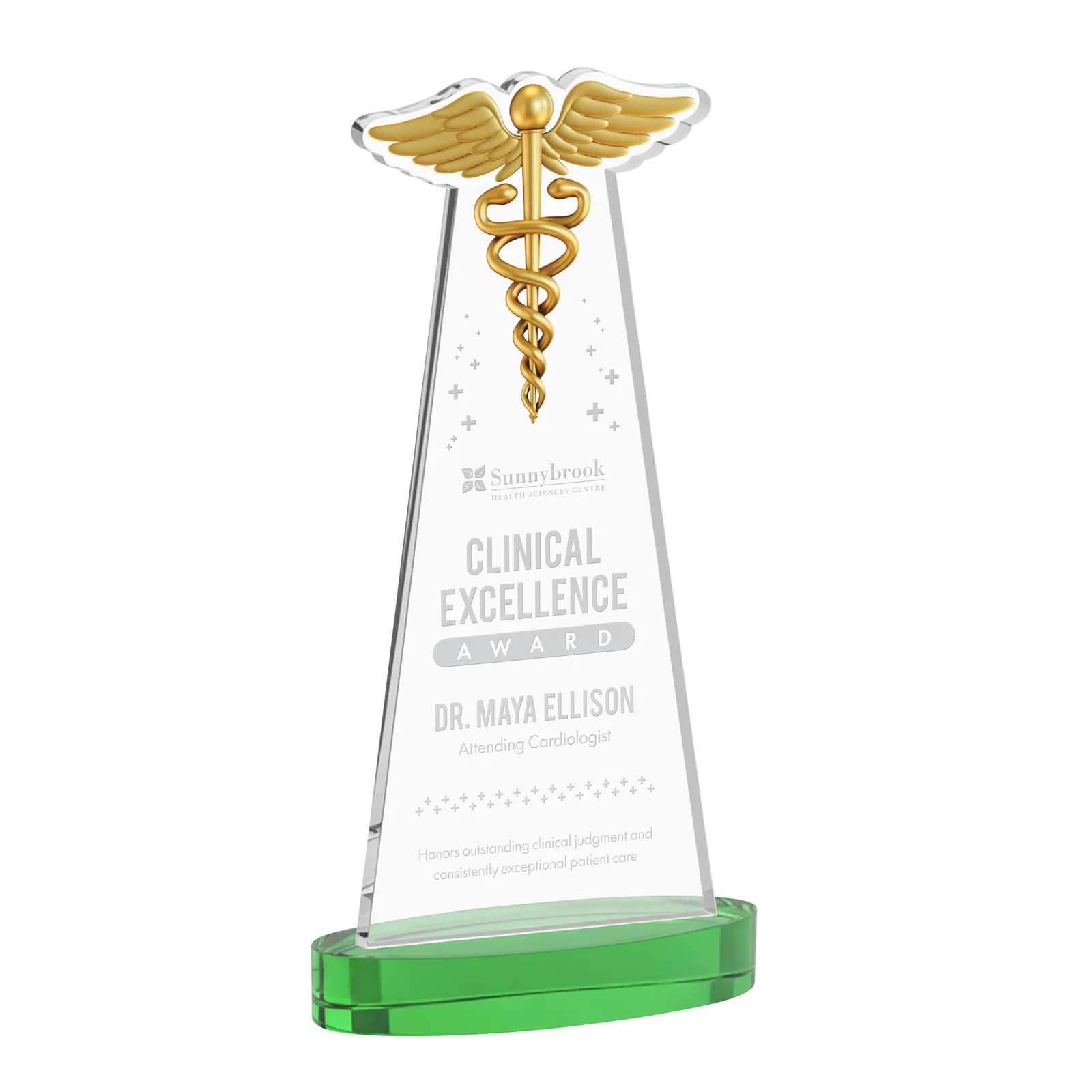 Personalized Starfire Crystal Caduceus Award with Sleek Tapered Design for retirement presentations