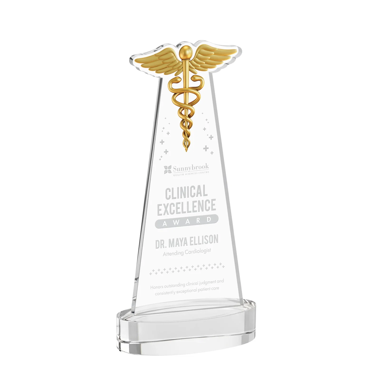 Custom Starfire Crystal Caduceus Award with Sleek Tapered Design for corporate award ceremonies