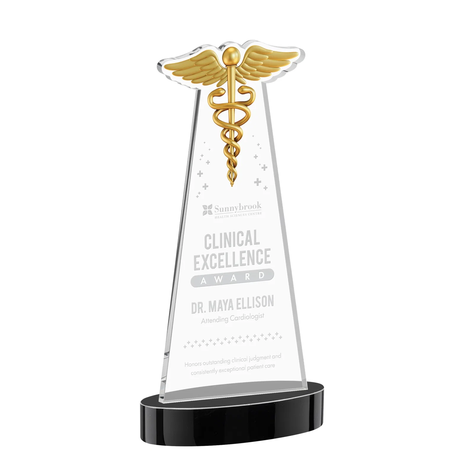 Personalized Starfire Crystal Caduceus Award with Sleek Tapered Design for graduation ceremonies