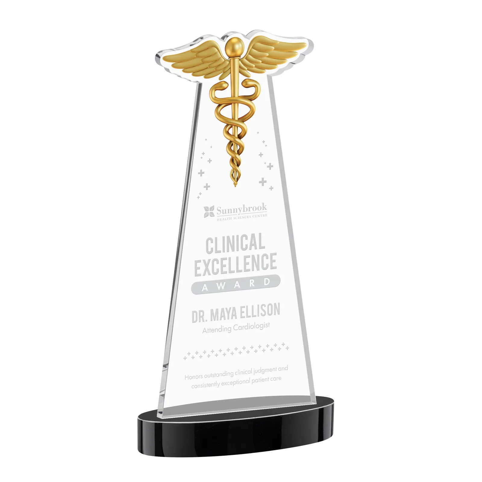 Personalized Starfire Crystal Caduceus Award with Sleek Tapered Design for safety achievement programs