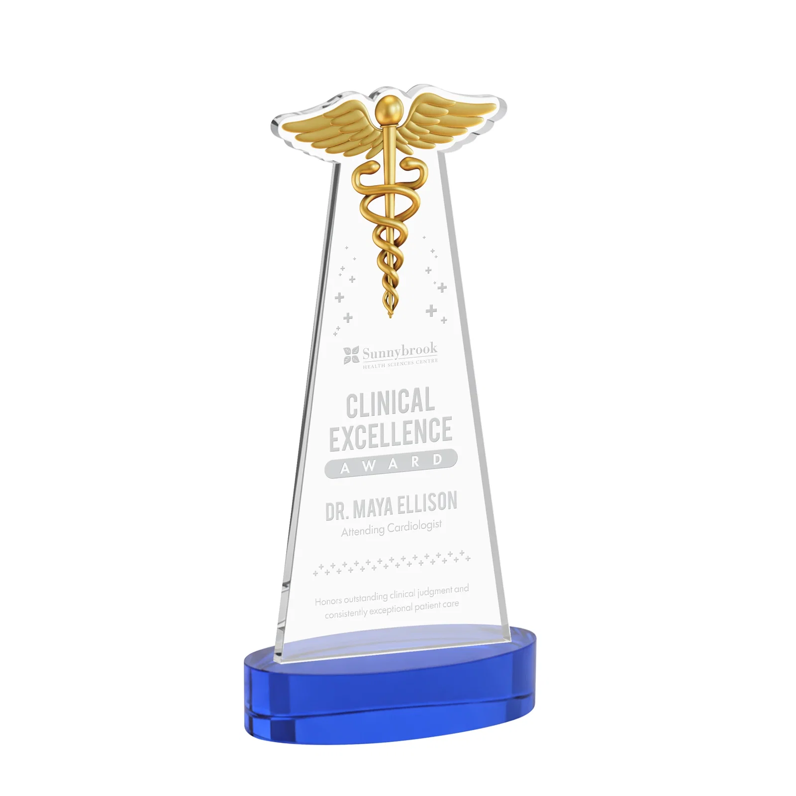 Personalized Starfire Crystal Caduceus Award with Sleek Tapered Design for dealer and partner awards