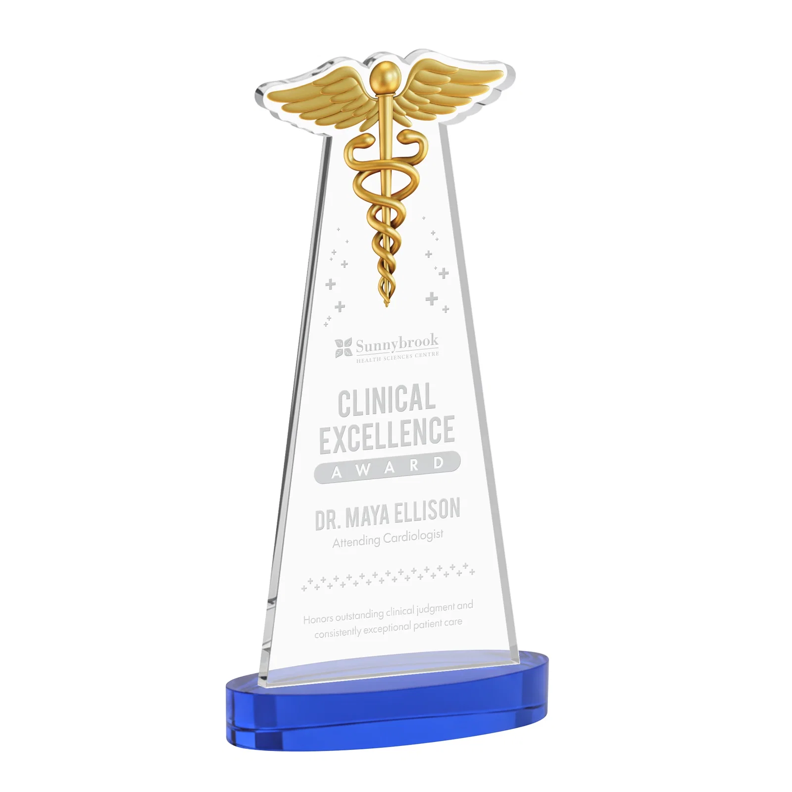 Promotional Starfire Crystal Caduceus Award with Sleek Tapered Design for employee recognition