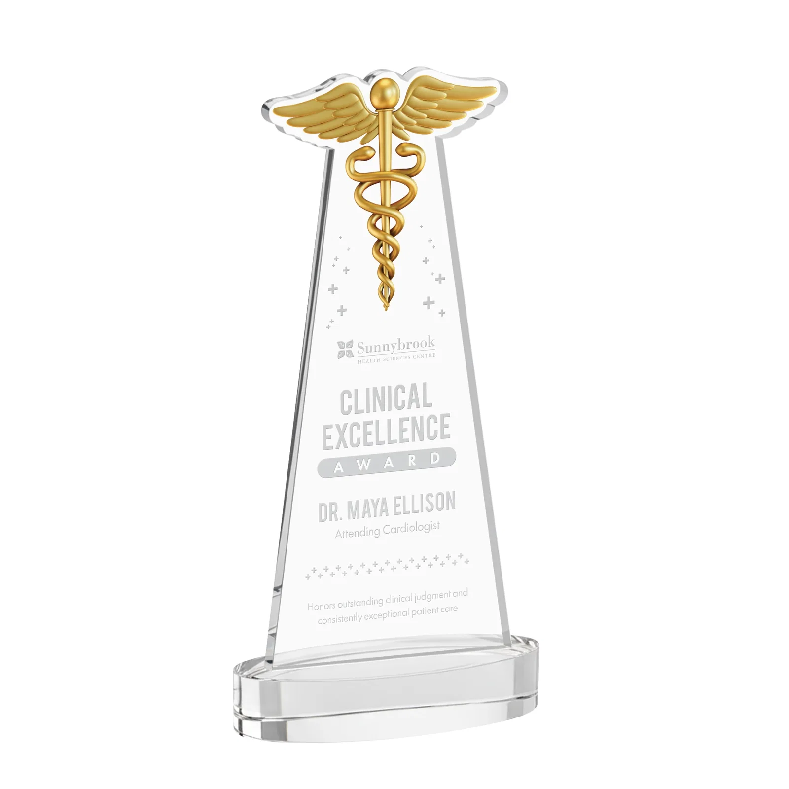 Custom Starfire Crystal Caduceus Award with Sleek Tapered Design for service anniversary gifts