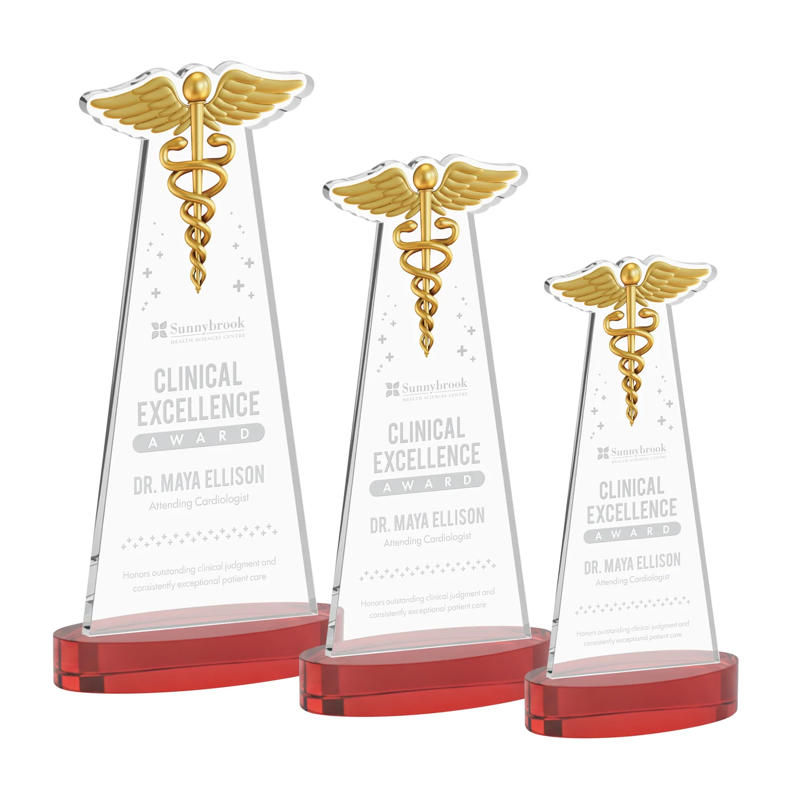 Promotional Starfire Crystal Caduceus Award with Sleek Tapered Design for corporate award ceremonies