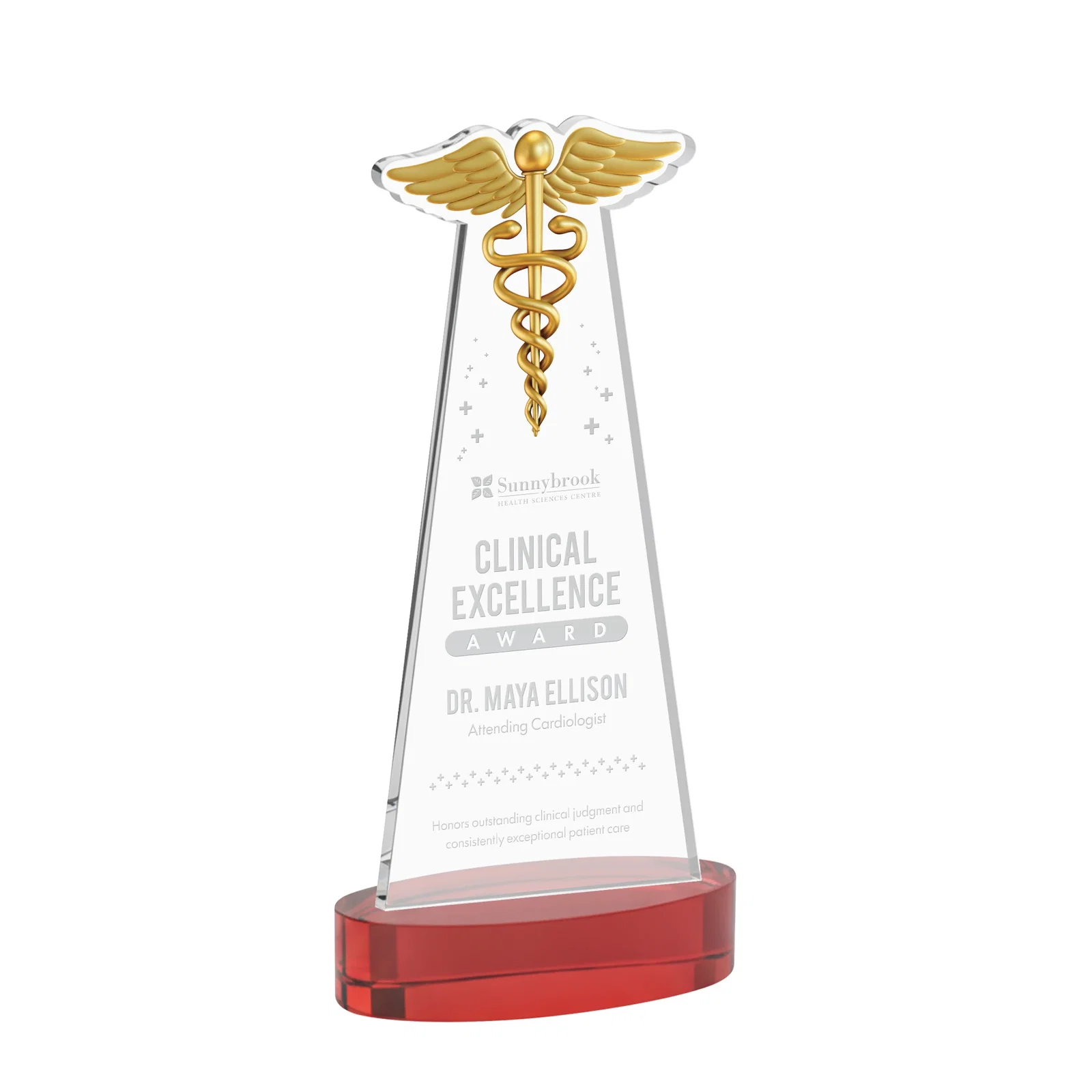 Promotional Starfire Crystal Caduceus Award with Sleek Tapered Design for service anniversary gifts