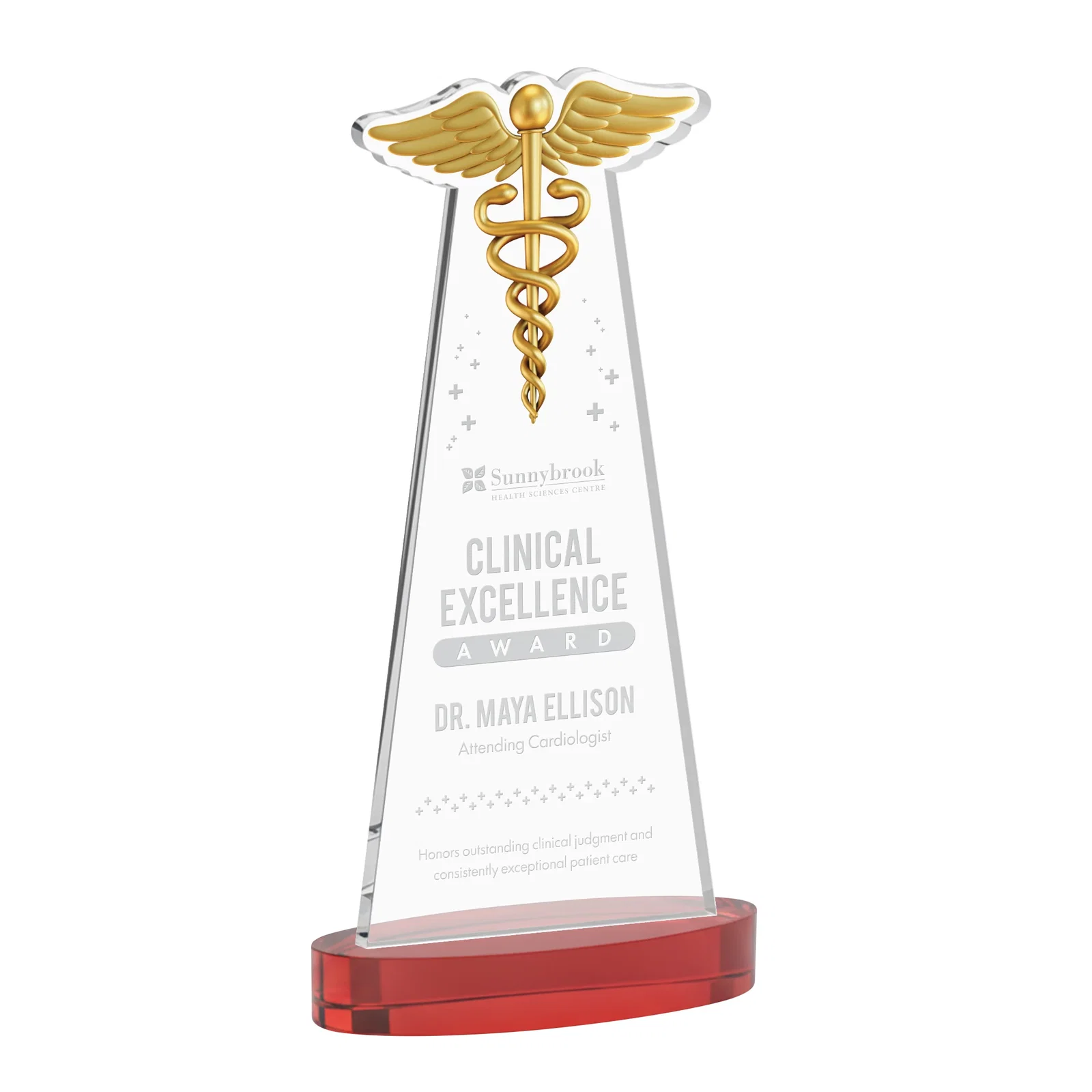 Promotional Starfire Crystal Caduceus Award with Sleek Tapered Design for retirement presentations