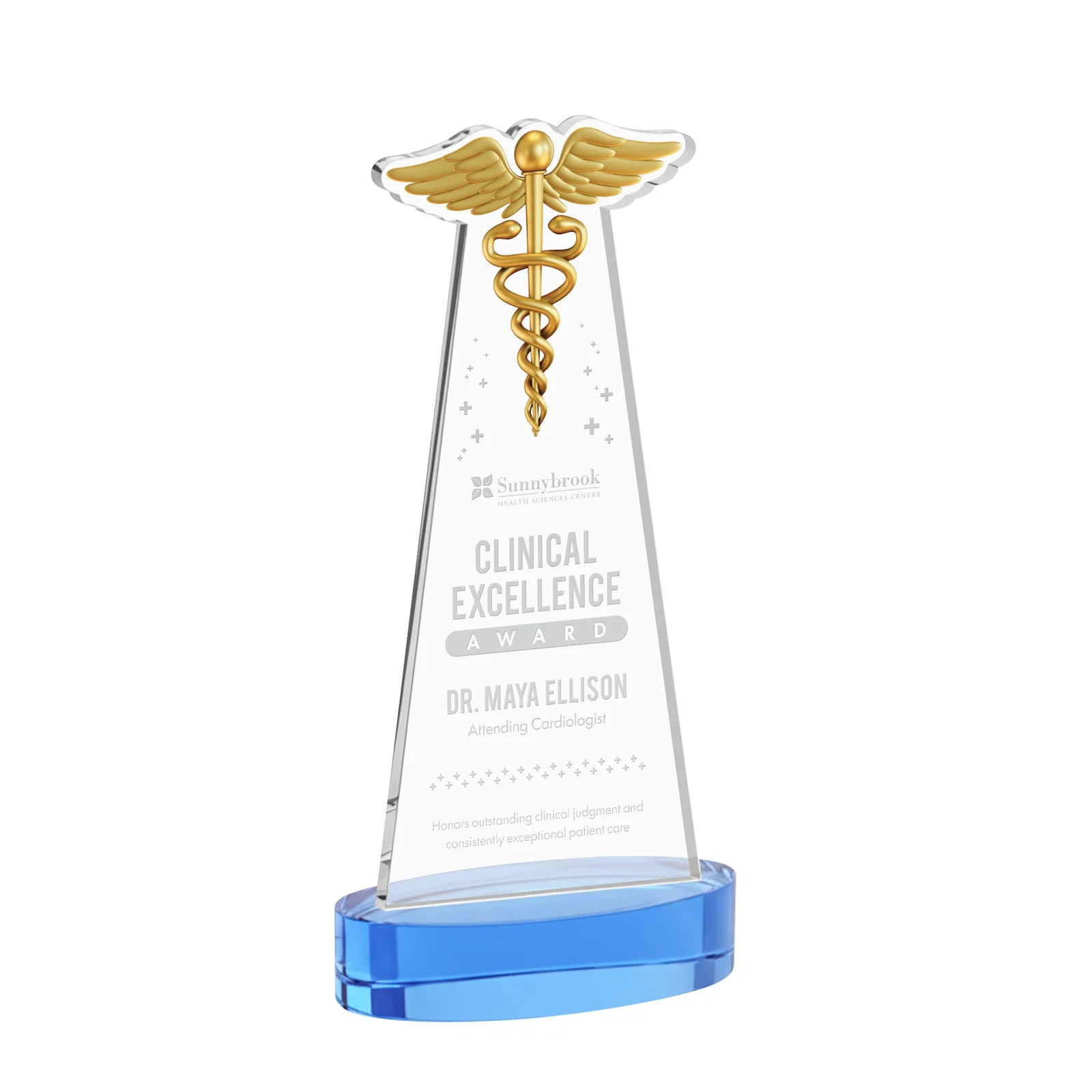 Promotional Starfire Crystal Caduceus Award with Sleek Tapered Design for donor appreciation