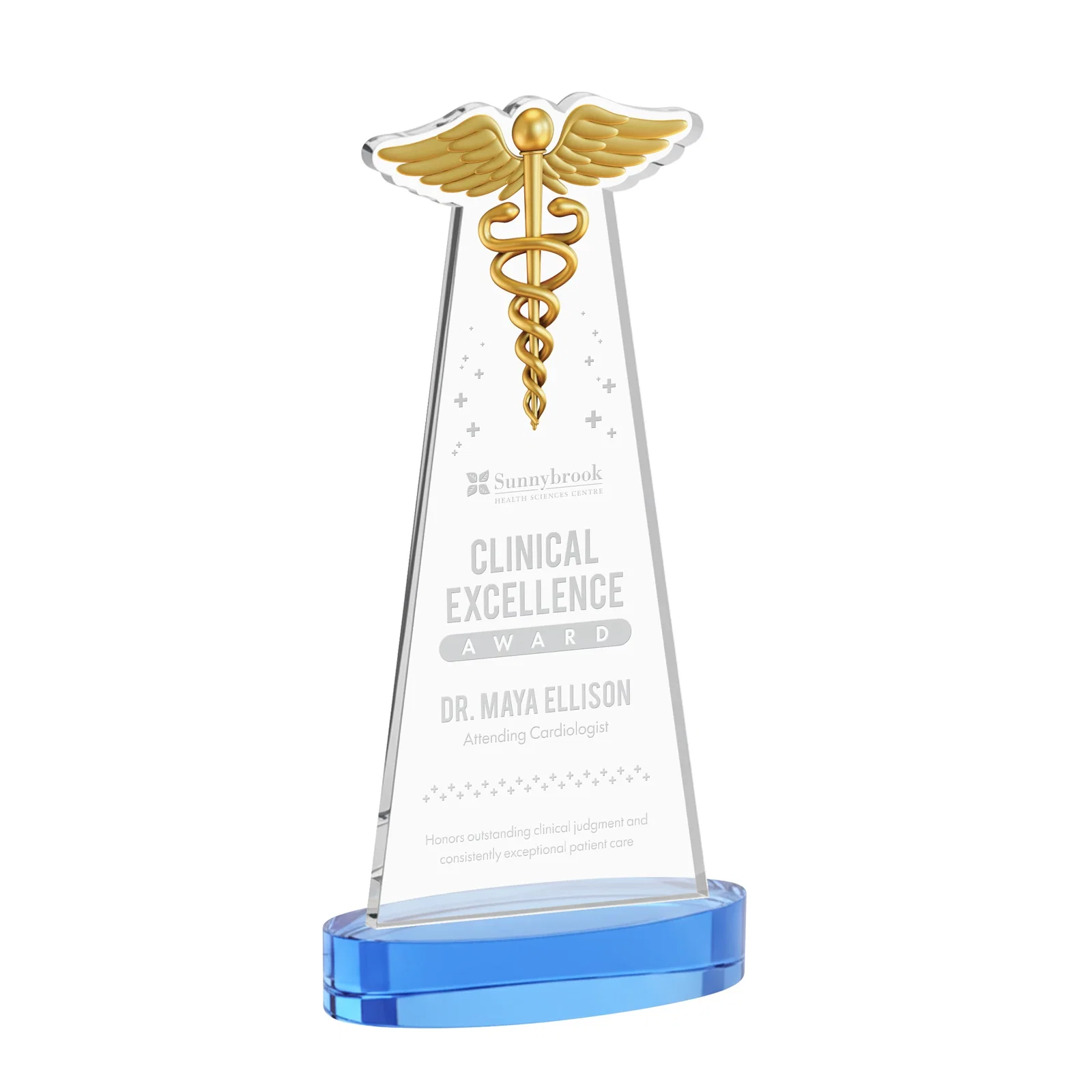Promotional Starfire Crystal Caduceus Award with Sleek Tapered Design for graduation ceremonies