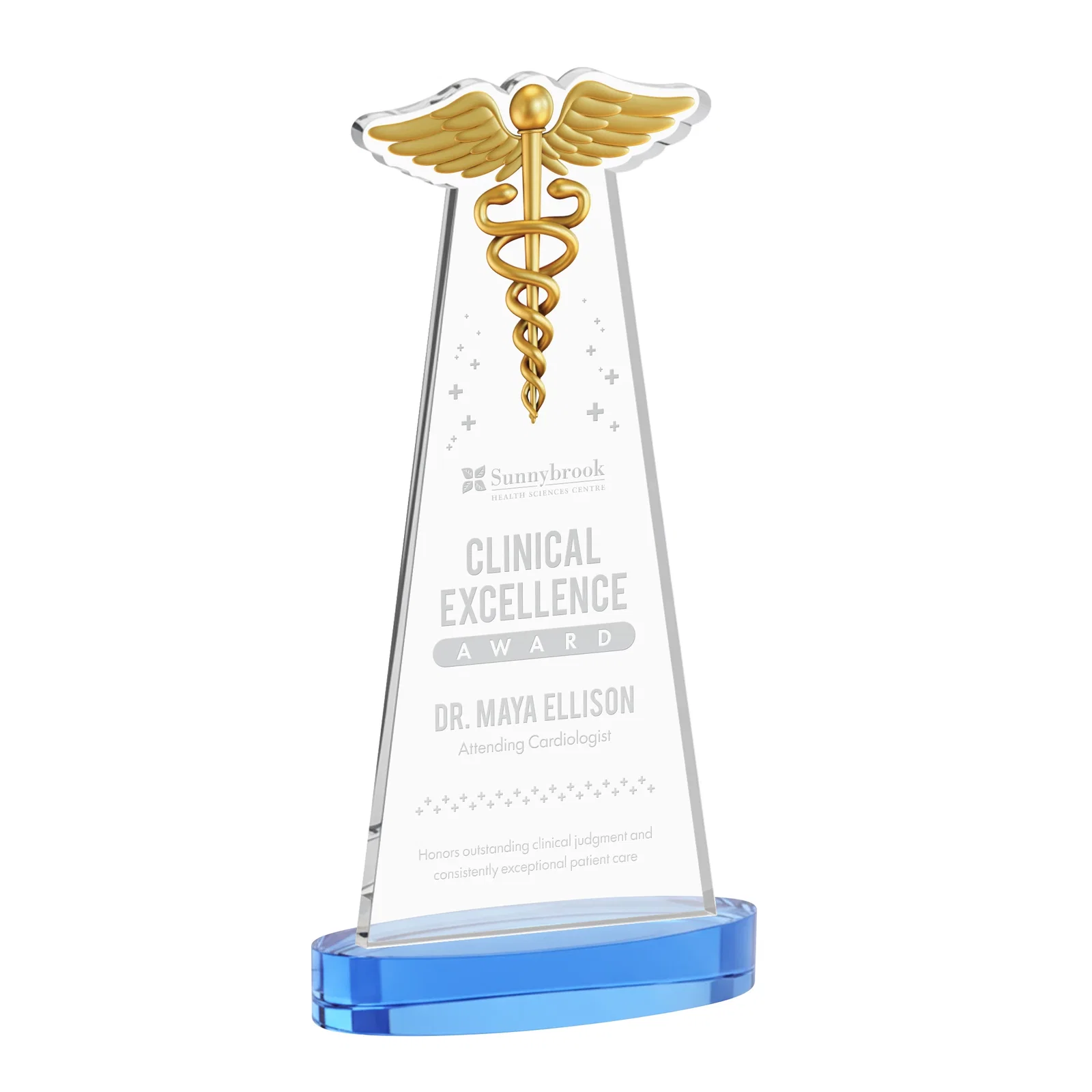 Promotional Starfire Crystal Caduceus Award with Sleek Tapered Design for safety achievement programs