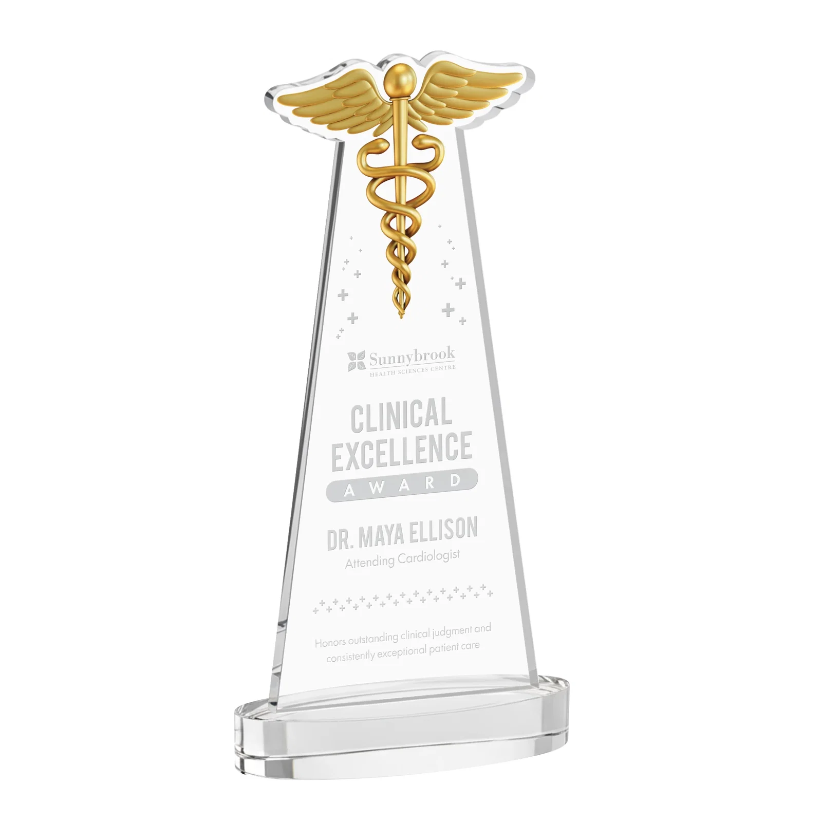 Custom Starfire Crystal Caduceus Award with Sleek Tapered Design for sales achievement awards