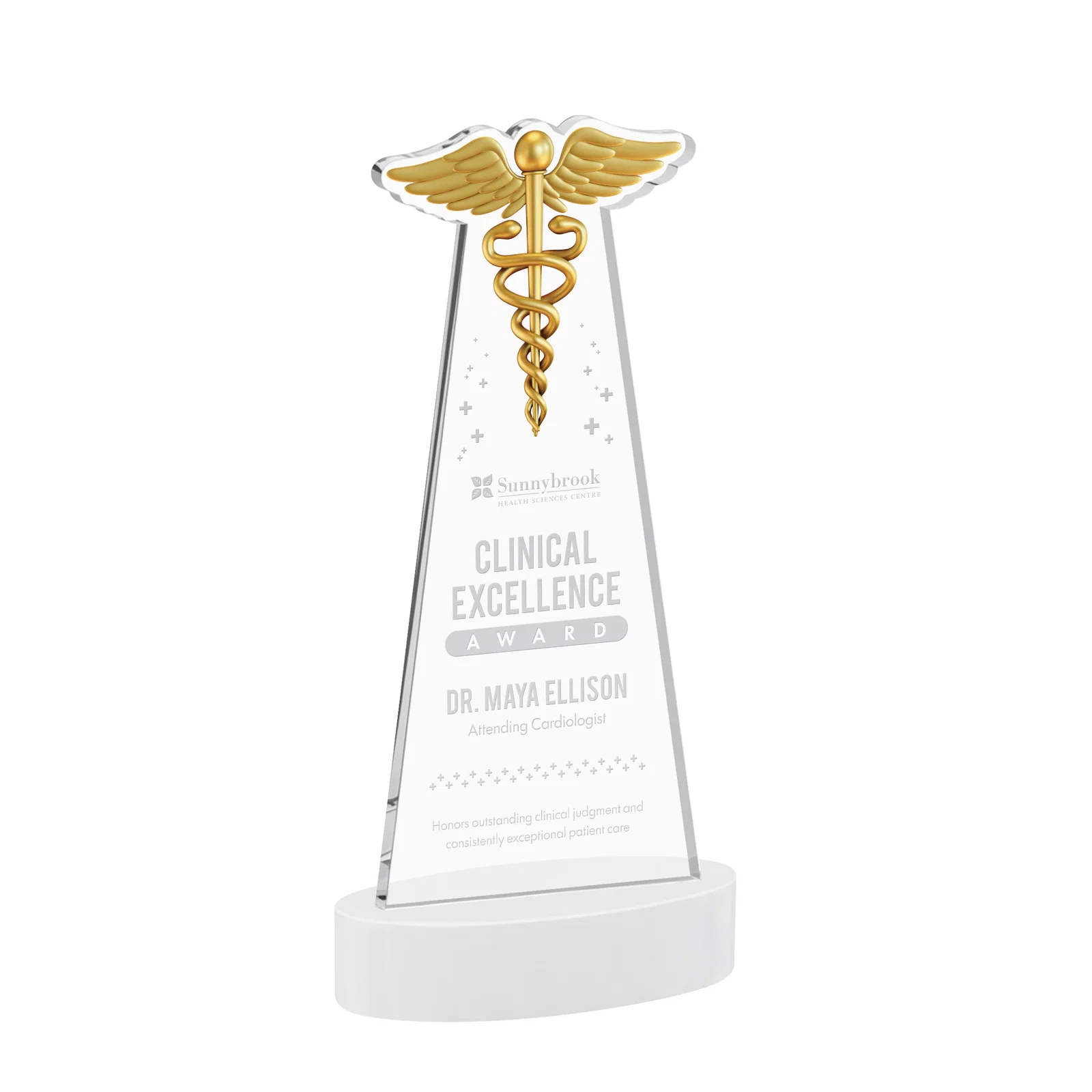 Promotional Starfire Crystal Caduceus Award with Sleek Tapered Design for dealer and partner awards