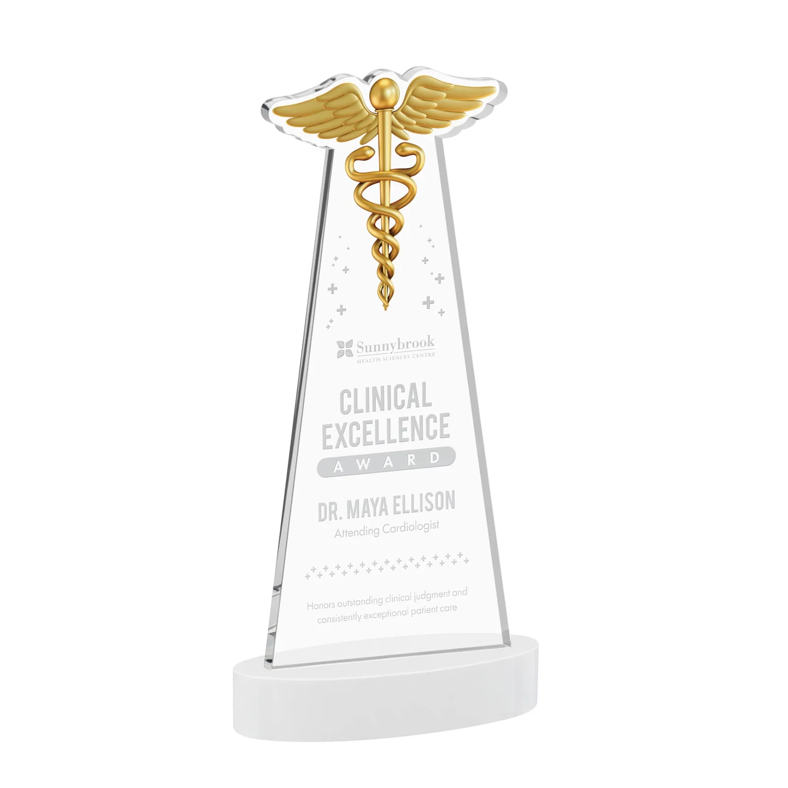 Promotional Starfire Crystal Caduceus Award with Sleek Tapered Design for company anniversary events