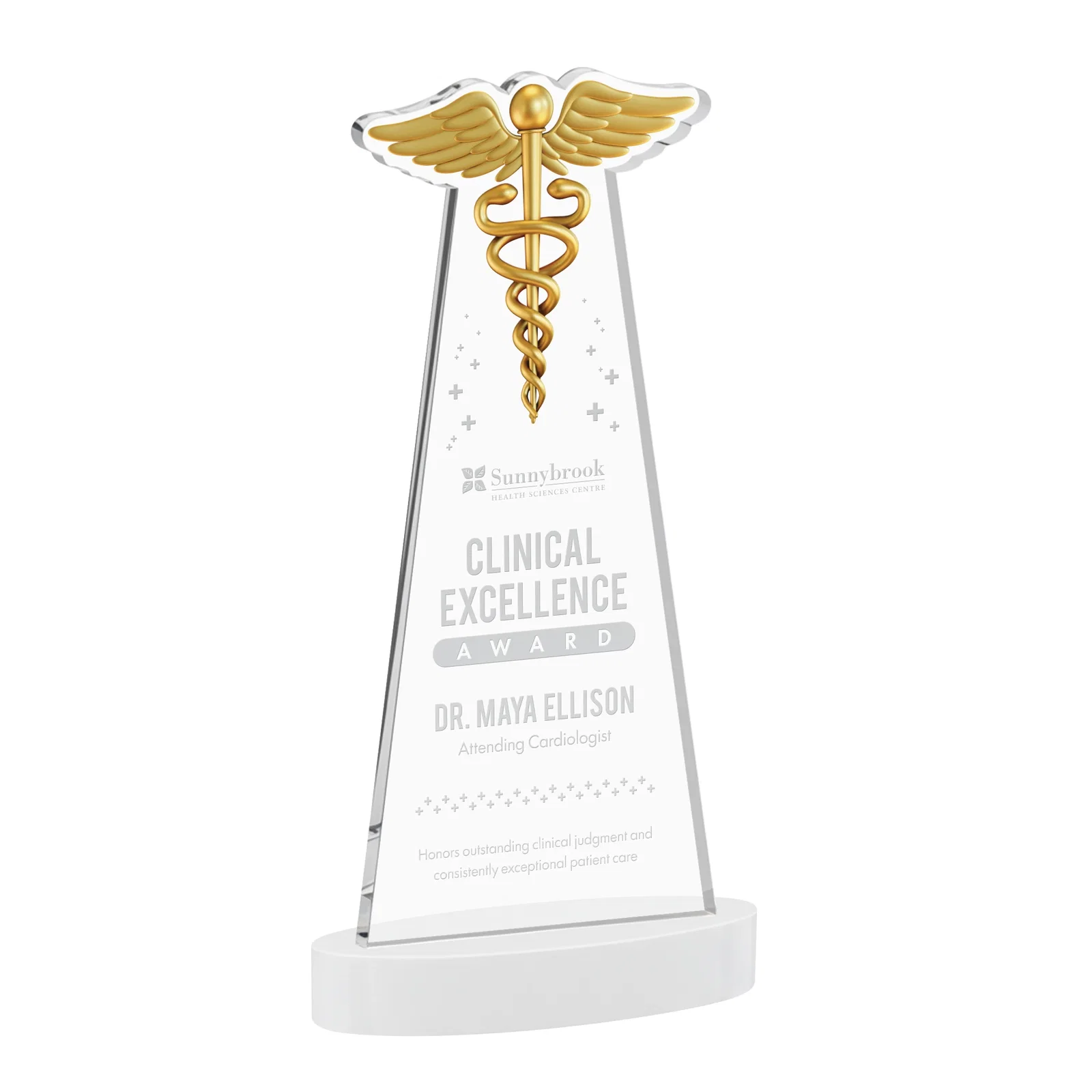 Branded Starfire Crystal Caduceus Award with Sleek Tapered Design for employee recognition