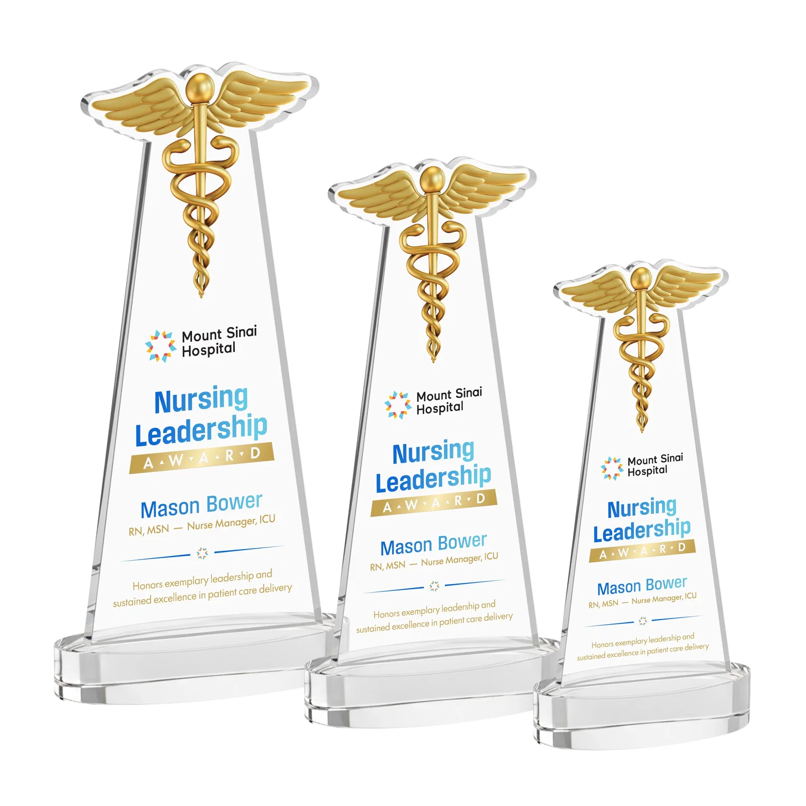 Branded Starfire Crystal Caduceus Award with Sleek Tapered Design for corporate award ceremonies