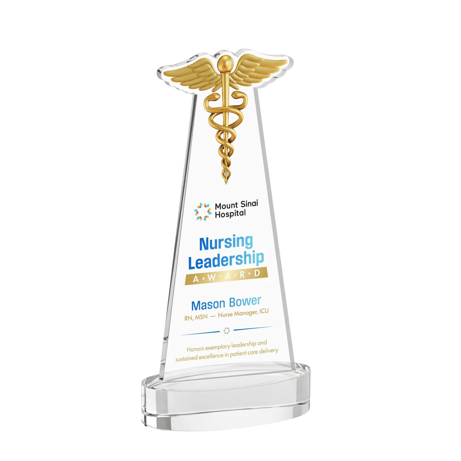 Branded Starfire Crystal Caduceus Award with Sleek Tapered Design for service anniversary gifts