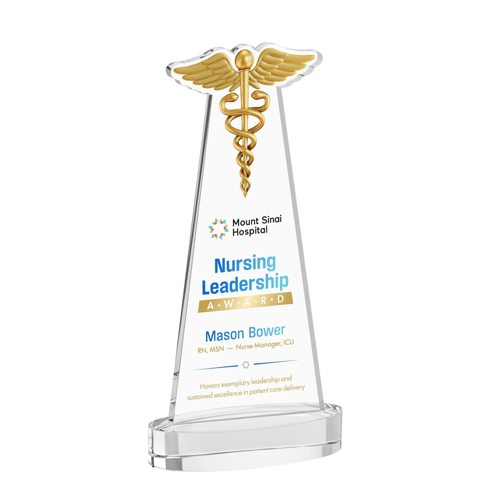 Branded Starfire Crystal Caduceus Award with Sleek Tapered Design for sales achievement awards