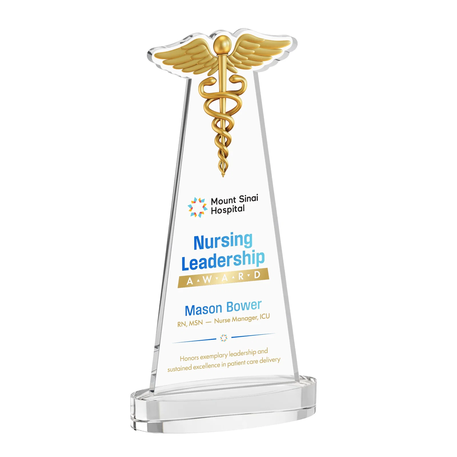Branded Starfire Crystal Caduceus Award with Sleek Tapered Design for retirement presentations