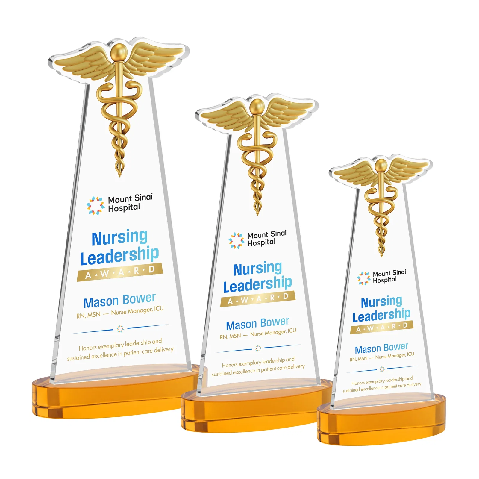Branded Starfire Crystal Caduceus Award with Sleek Tapered Design for team milestone celebrations