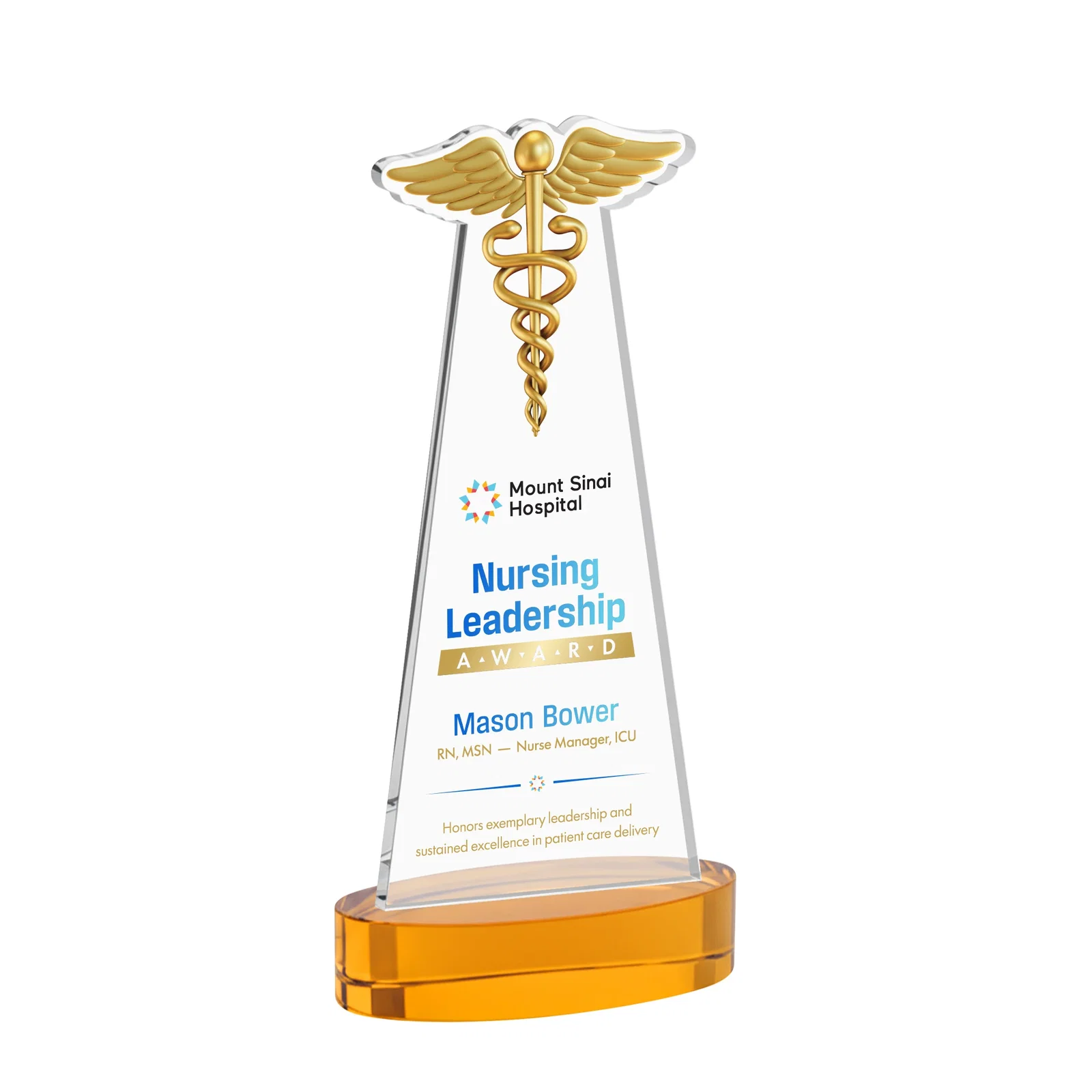 Branded Starfire Crystal Caduceus Award with Sleek Tapered Design for donor appreciation