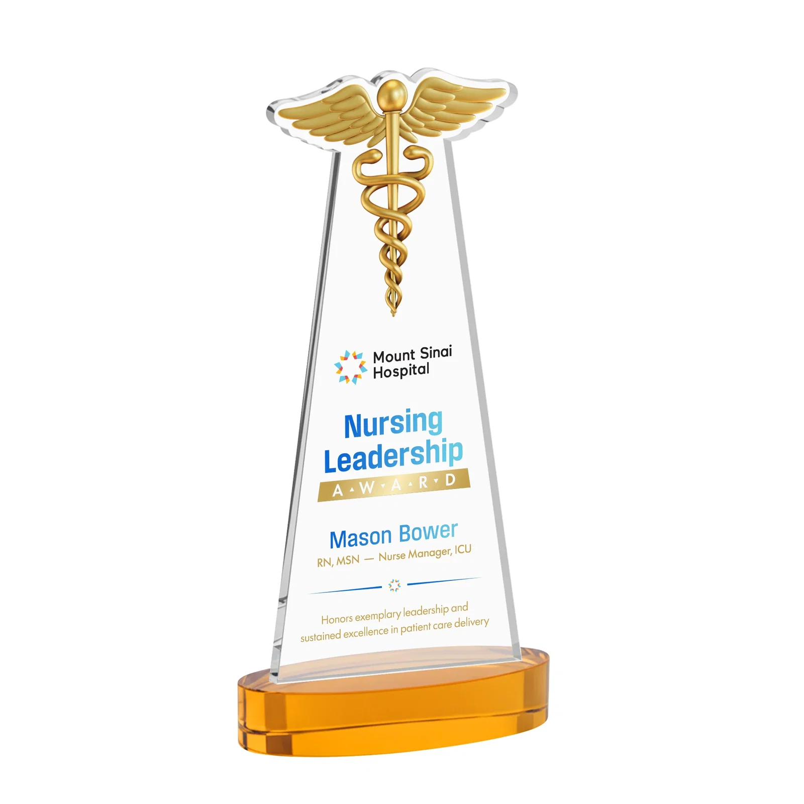 Branded Starfire Crystal Caduceus Award with Sleek Tapered Design for graduation ceremonies