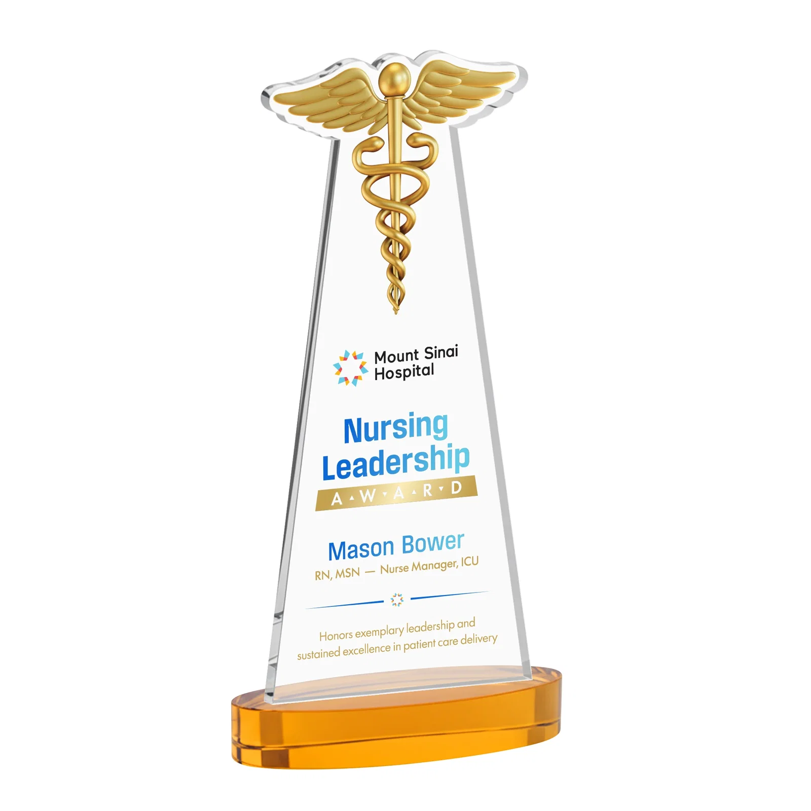 Branded Starfire Crystal Caduceus Award with Sleek Tapered Design for safety achievement programs