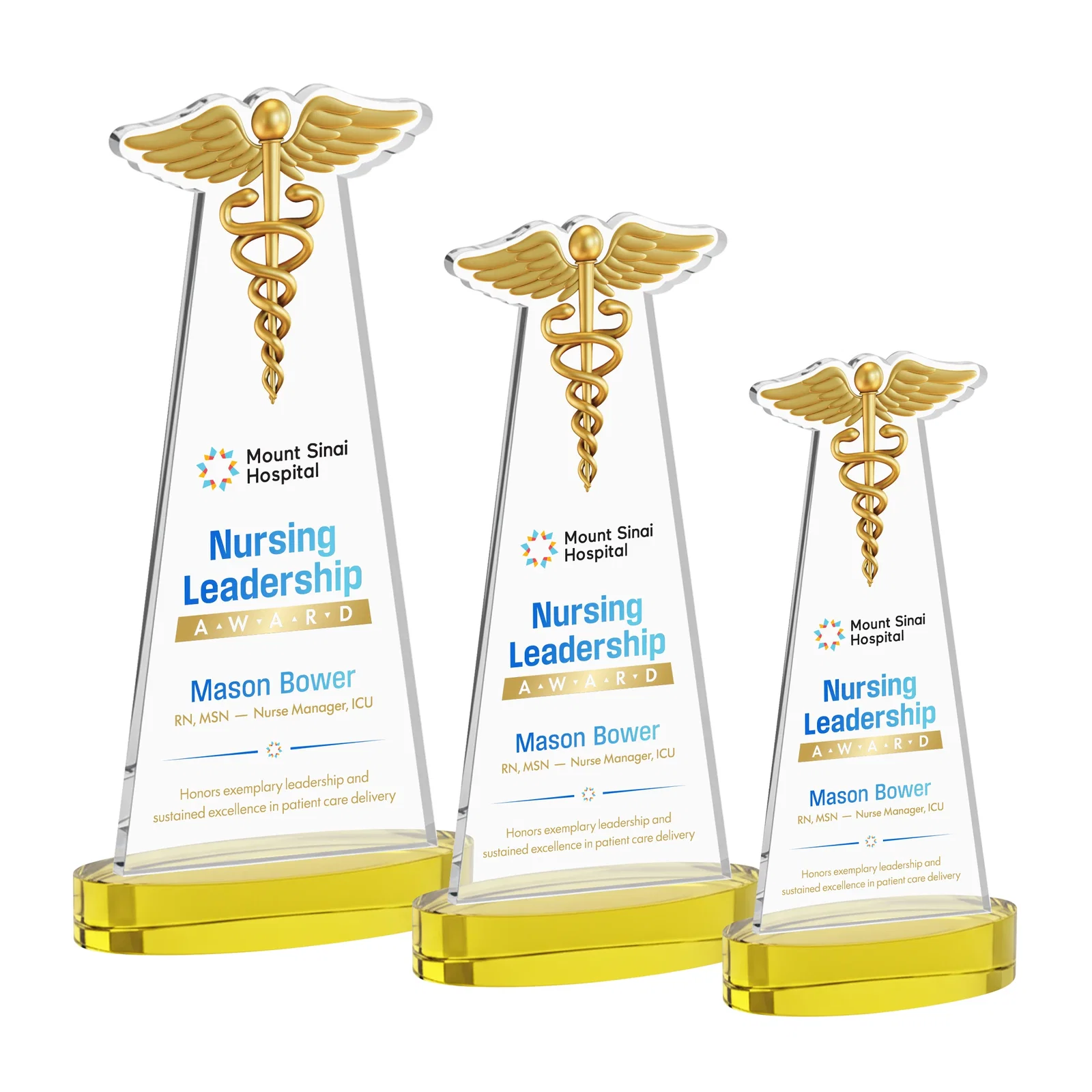 Branded Starfire Crystal Caduceus Award with Sleek Tapered Design for volunteer appreciation