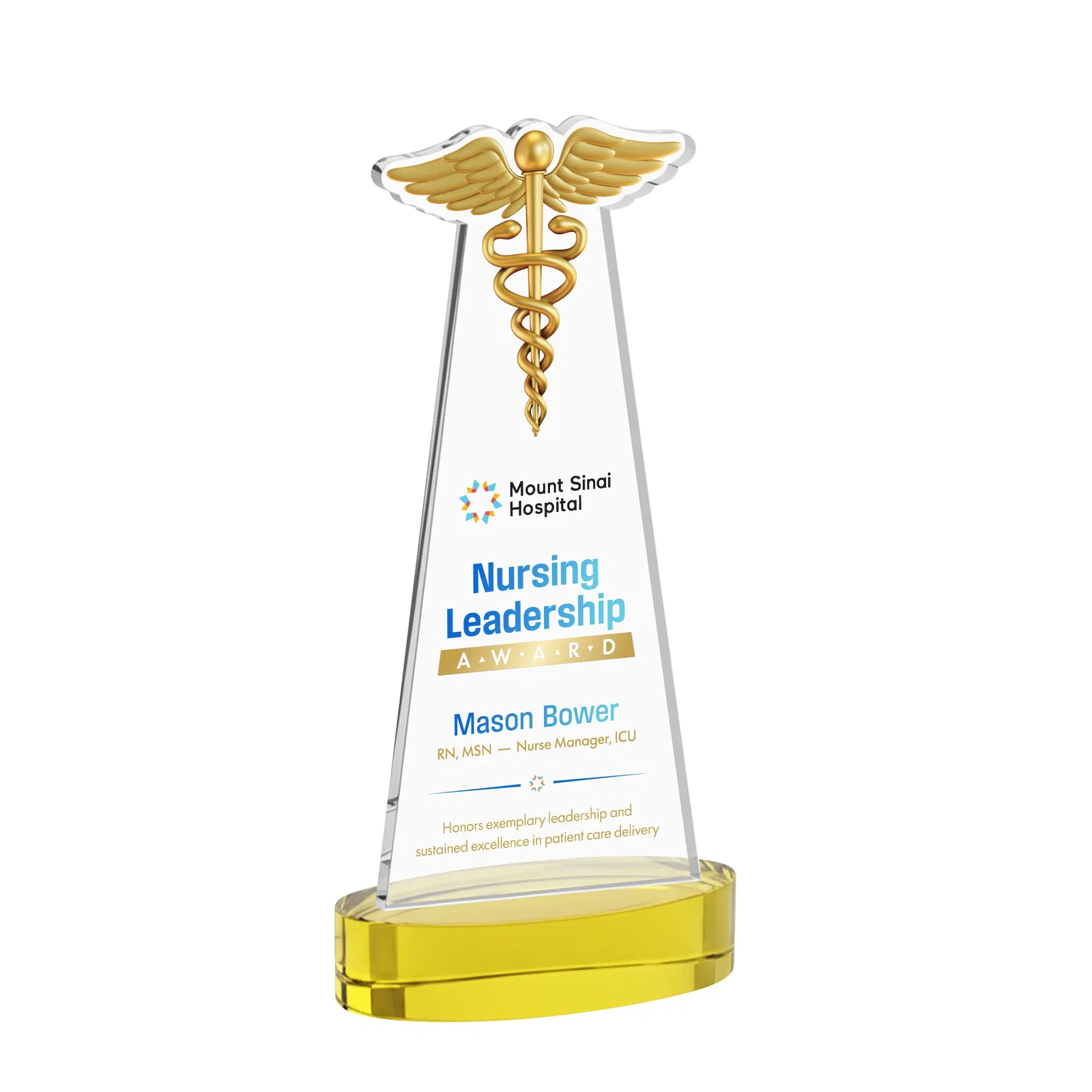 Branded Starfire Crystal Caduceus Award with Sleek Tapered Design for dealer and partner awards
