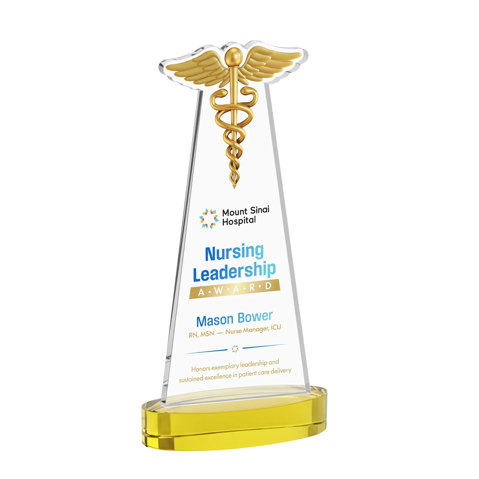 Branded Starfire Crystal Caduceus Award with Sleek Tapered Design for company anniversary events