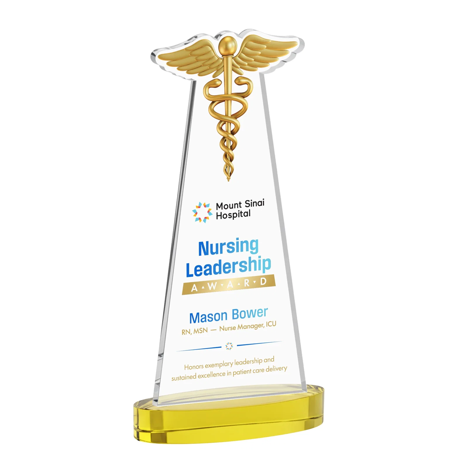 Custom printed Starfire Crystal Caduceus Award with Sleek Tapered Design for employee recognition