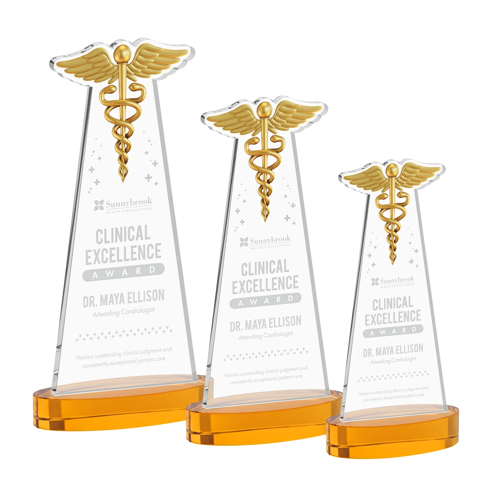 Custom Starfire Crystal Caduceus Award with Sleek Tapered Design for team milestone celebrations