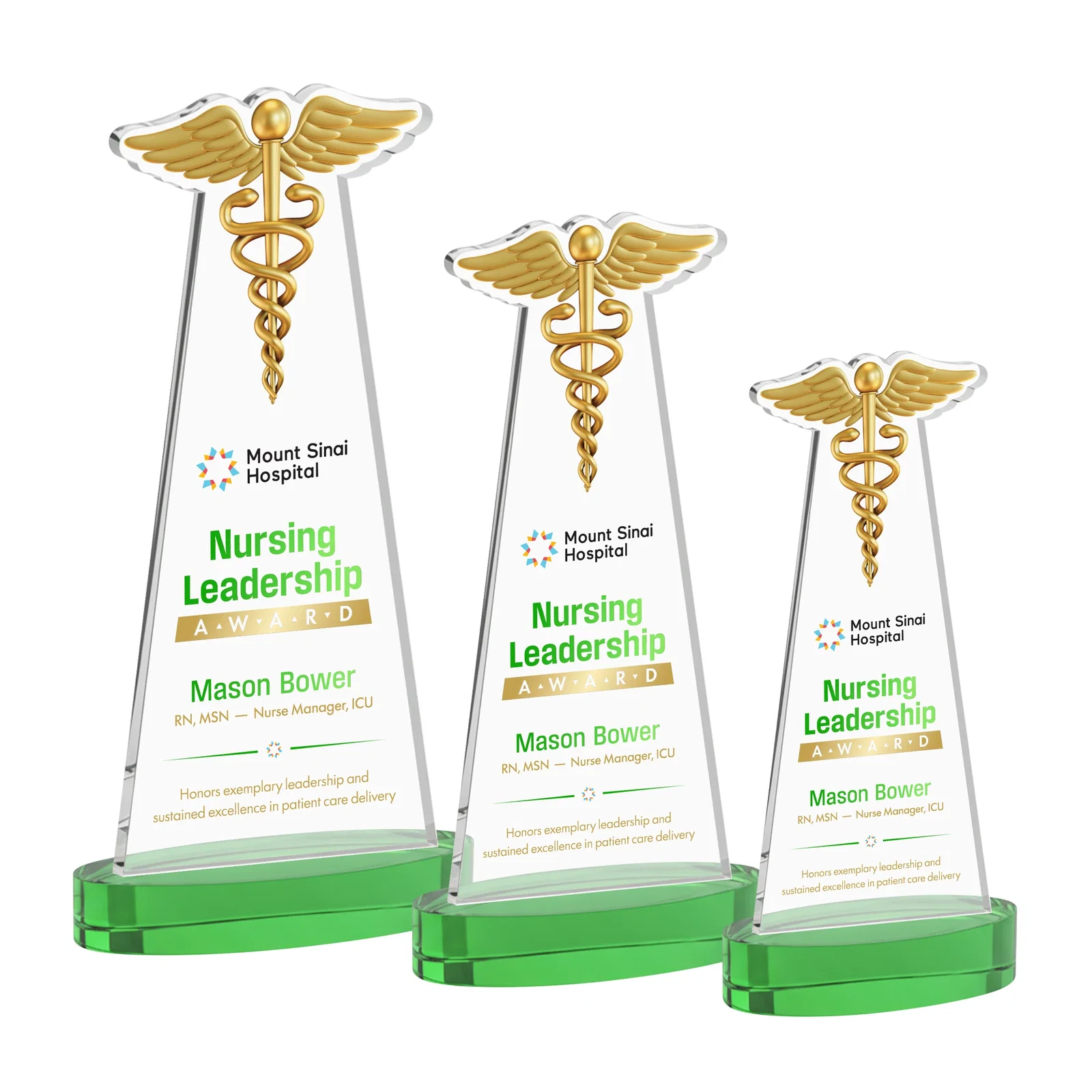 Custom printed Starfire Crystal Caduceus Award with Sleek Tapered Design for corporate award ceremonies