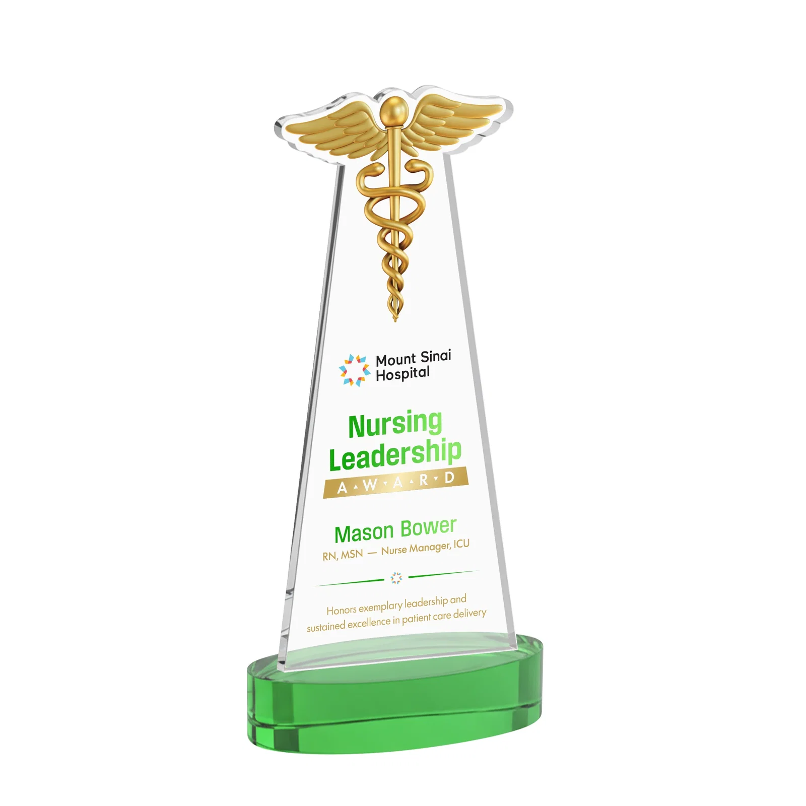 Custom printed Starfire Crystal Caduceus Award with Sleek Tapered Design for service anniversary gifts