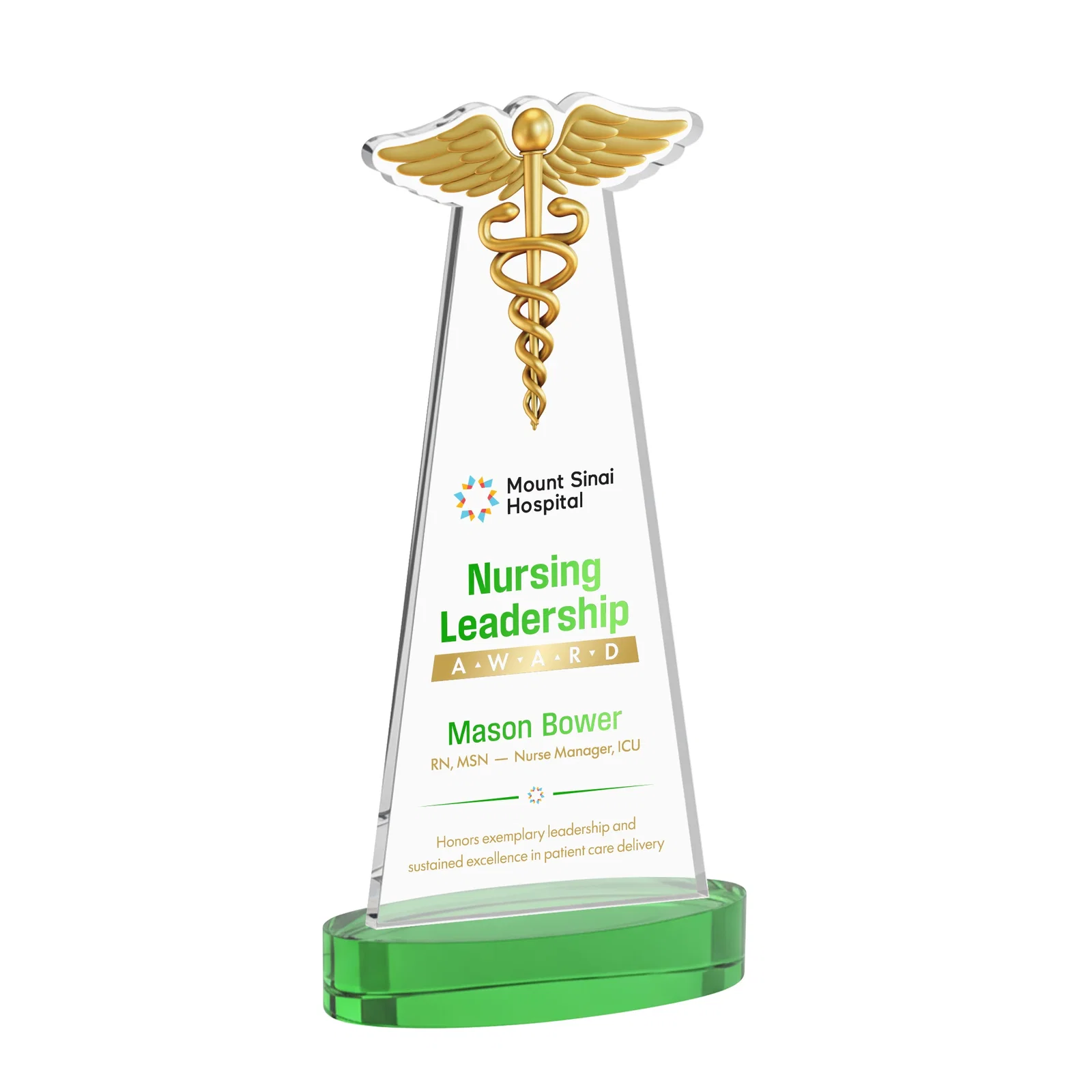 Custom printed Starfire Crystal Caduceus Award with Sleek Tapered Design for sales achievement awards
