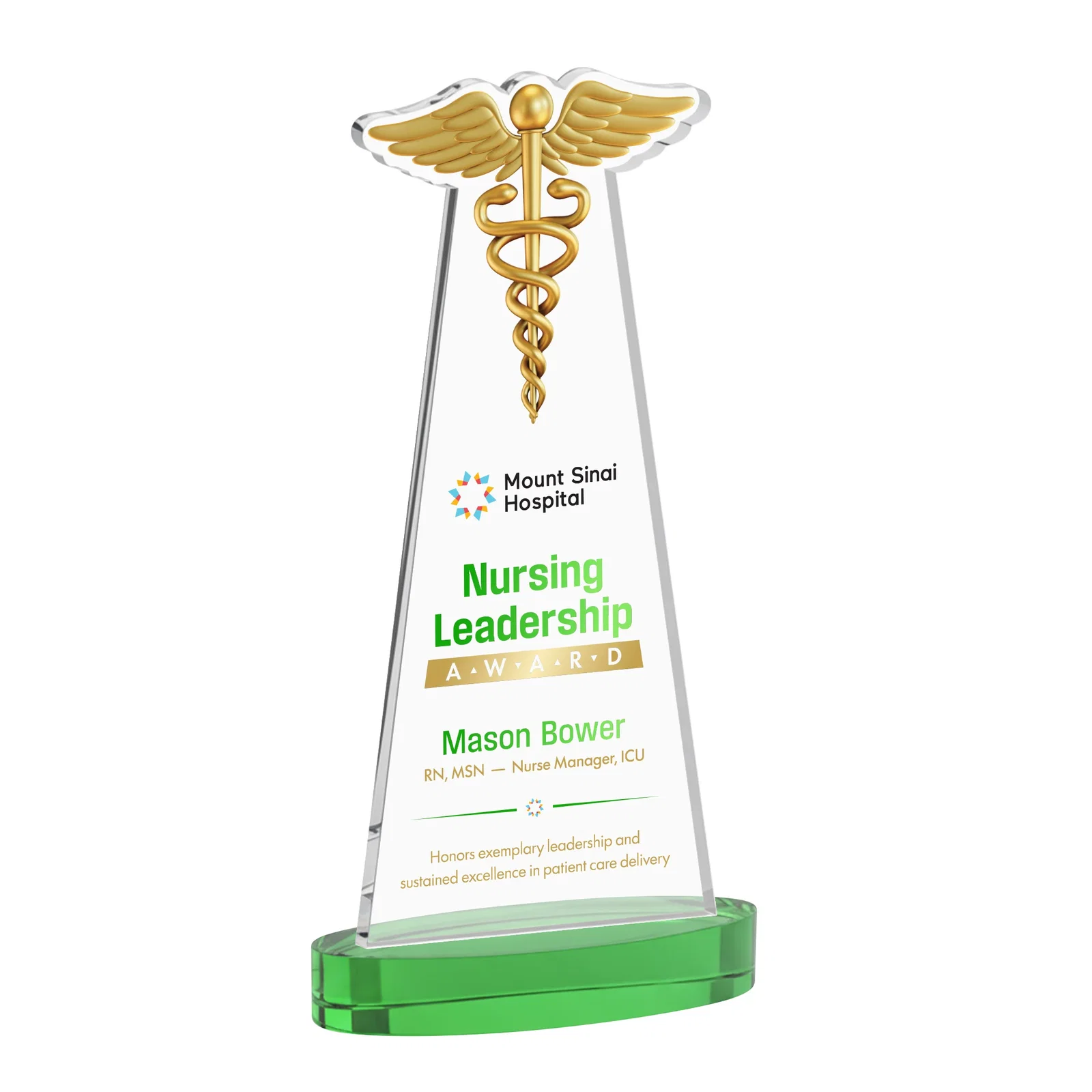 Custom printed Starfire Crystal Caduceus Award with Sleek Tapered Design for retirement presentations