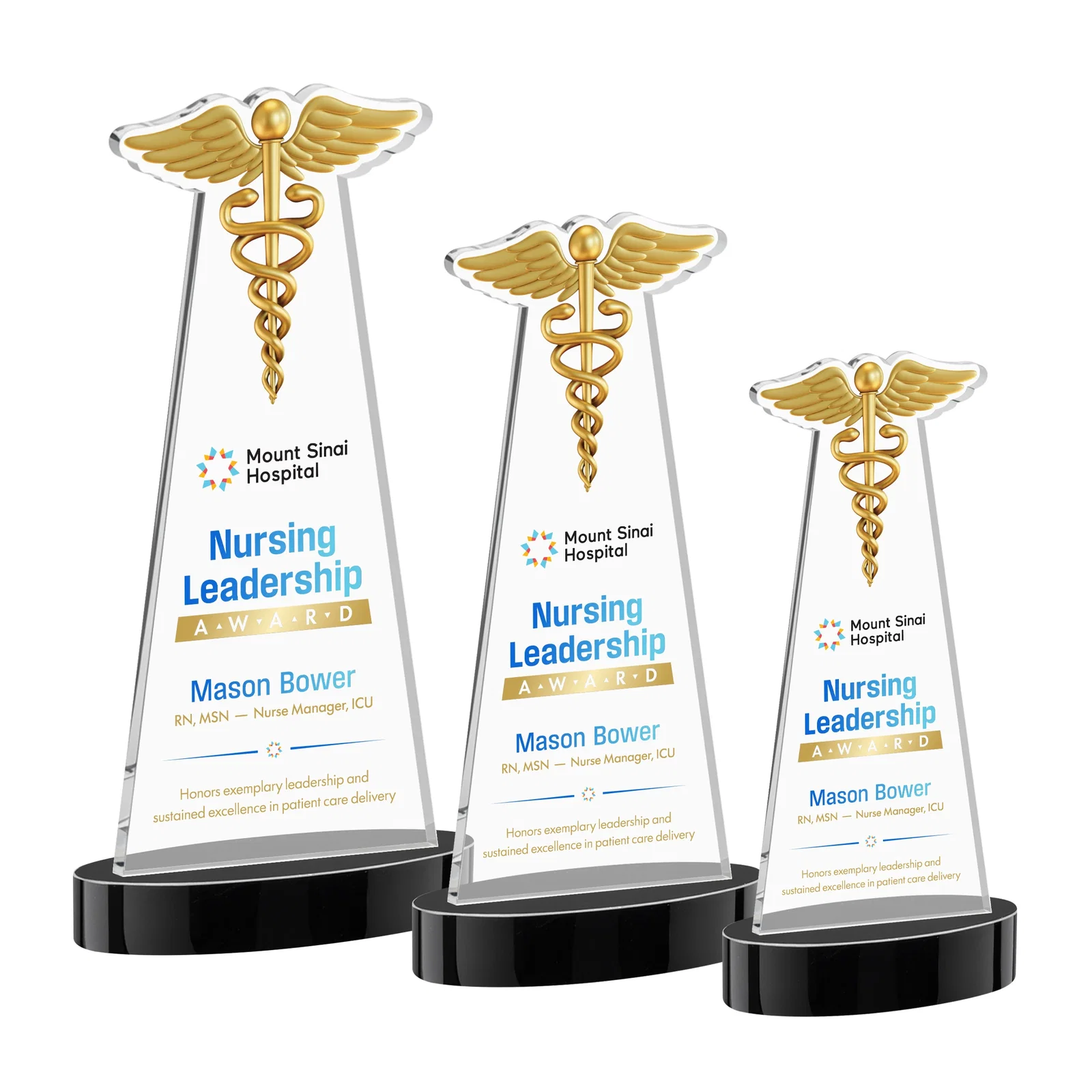 Custom printed Starfire Crystal Caduceus Award with Sleek Tapered Design for team milestone celebrations