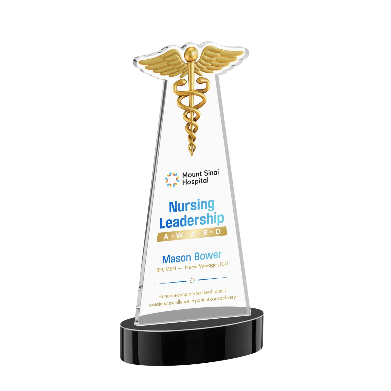 Custom printed Starfire Crystal Caduceus Award with Sleek Tapered Design for donor appreciation