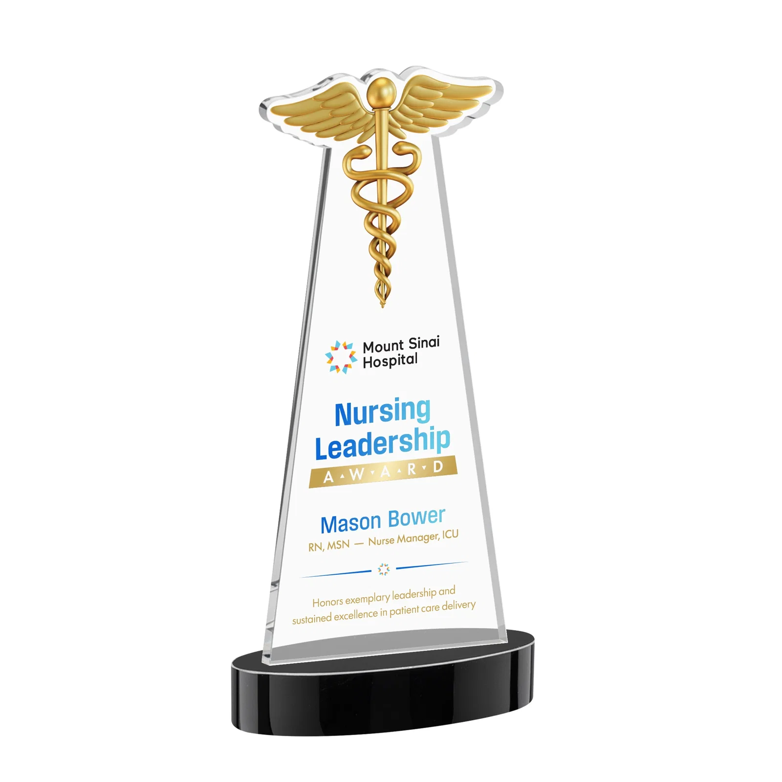 Custom printed Starfire Crystal Caduceus Award with Sleek Tapered Design for graduation ceremonies