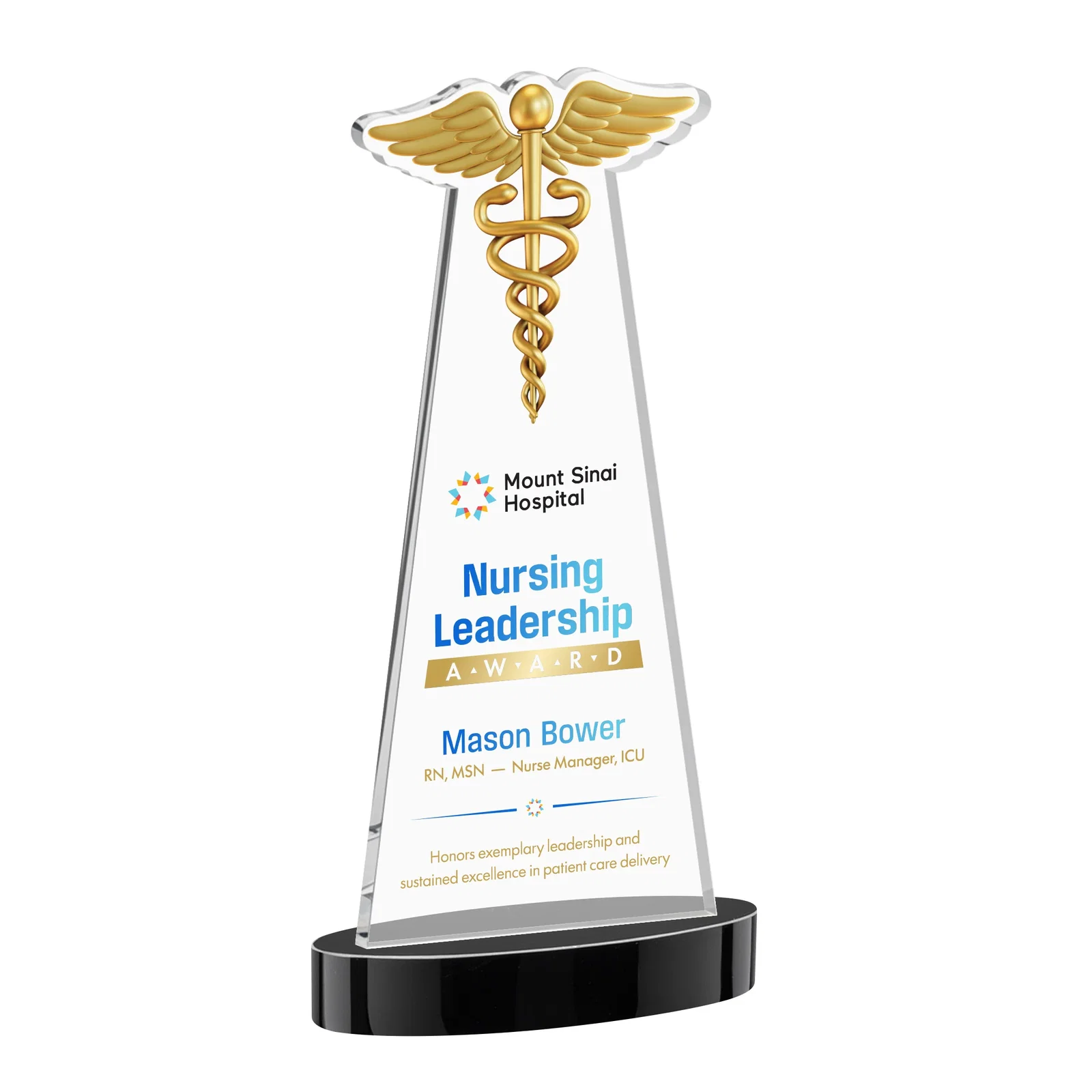 Custom printed Starfire Crystal Caduceus Award with Sleek Tapered Design for safety achievement programs