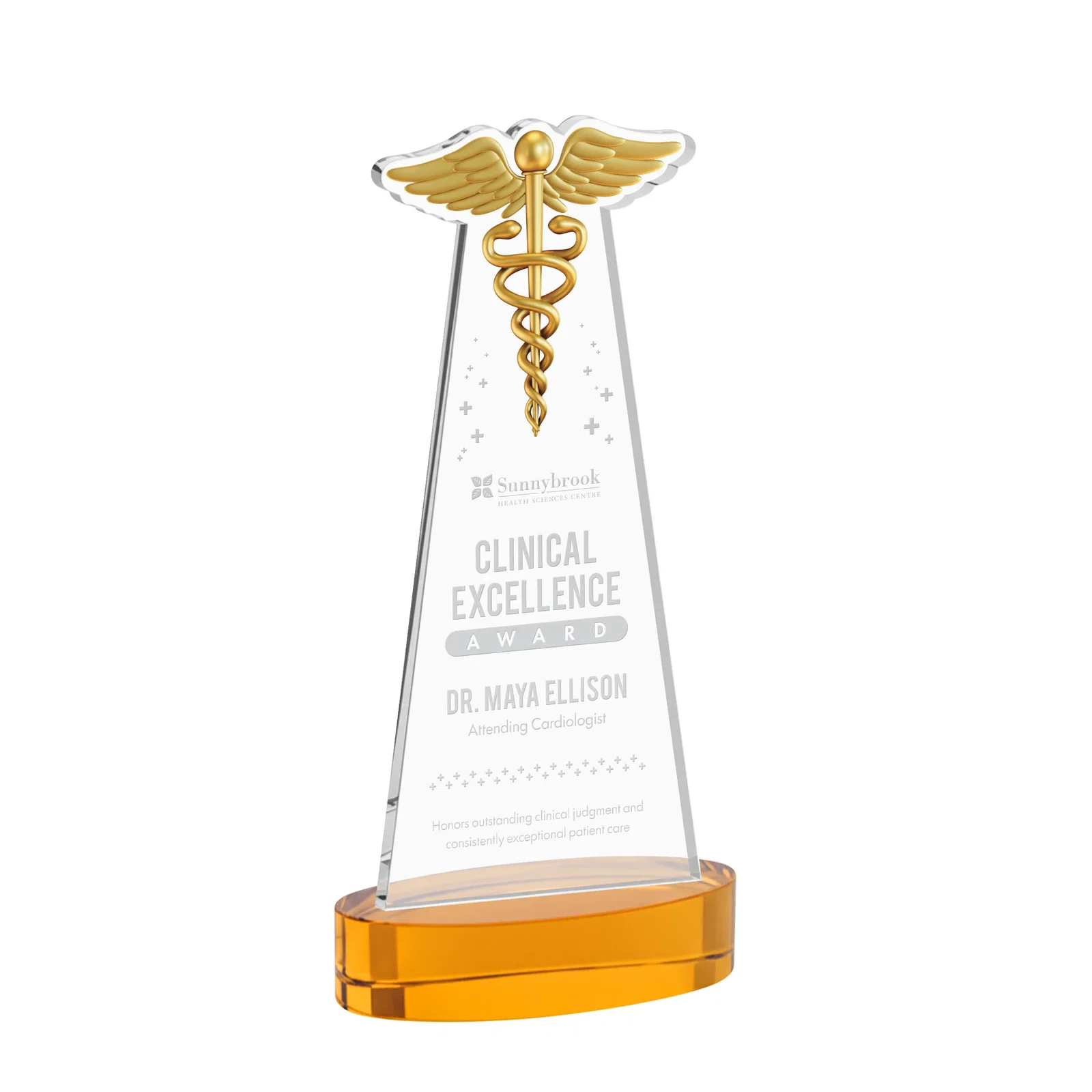 Custom Starfire Crystal Caduceus Award with Sleek Tapered Design for donor appreciation