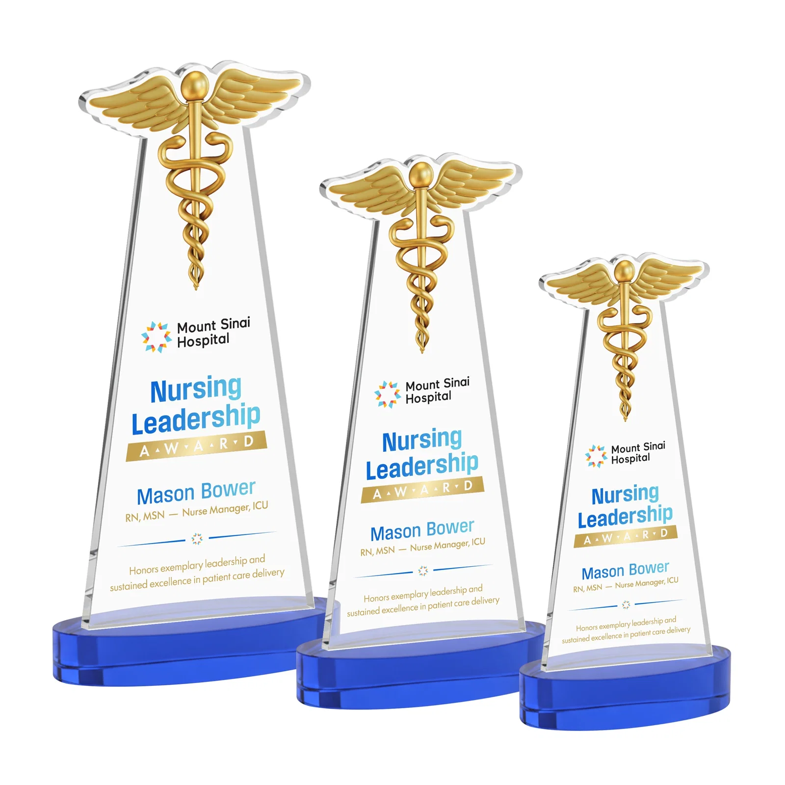 Custom printed Starfire Crystal Caduceus Award with Sleek Tapered Design for volunteer appreciation
