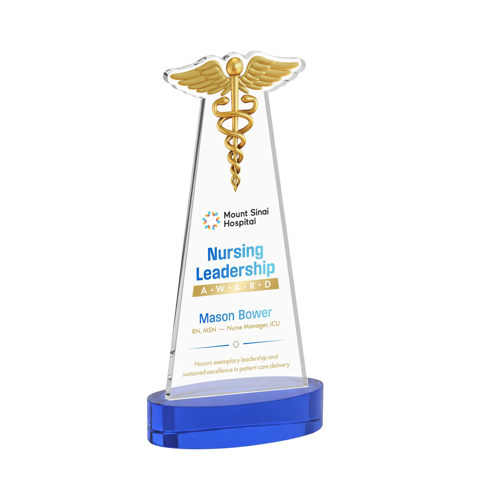 Custom printed Starfire Crystal Caduceus Award with Sleek Tapered Design for dealer and partner awards