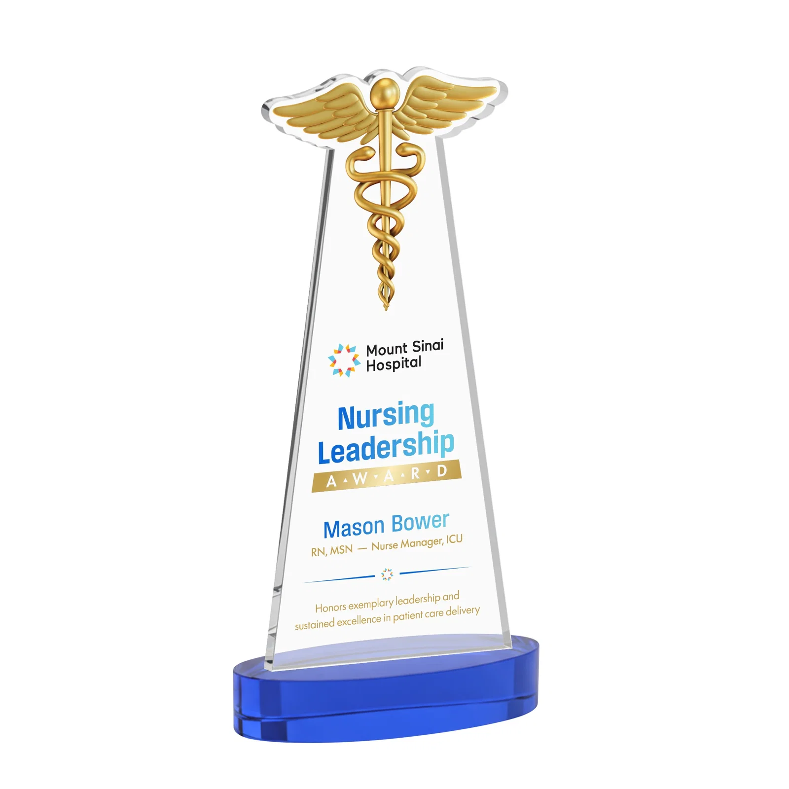 Custom printed Starfire Crystal Caduceus Award with Sleek Tapered Design for company anniversary events